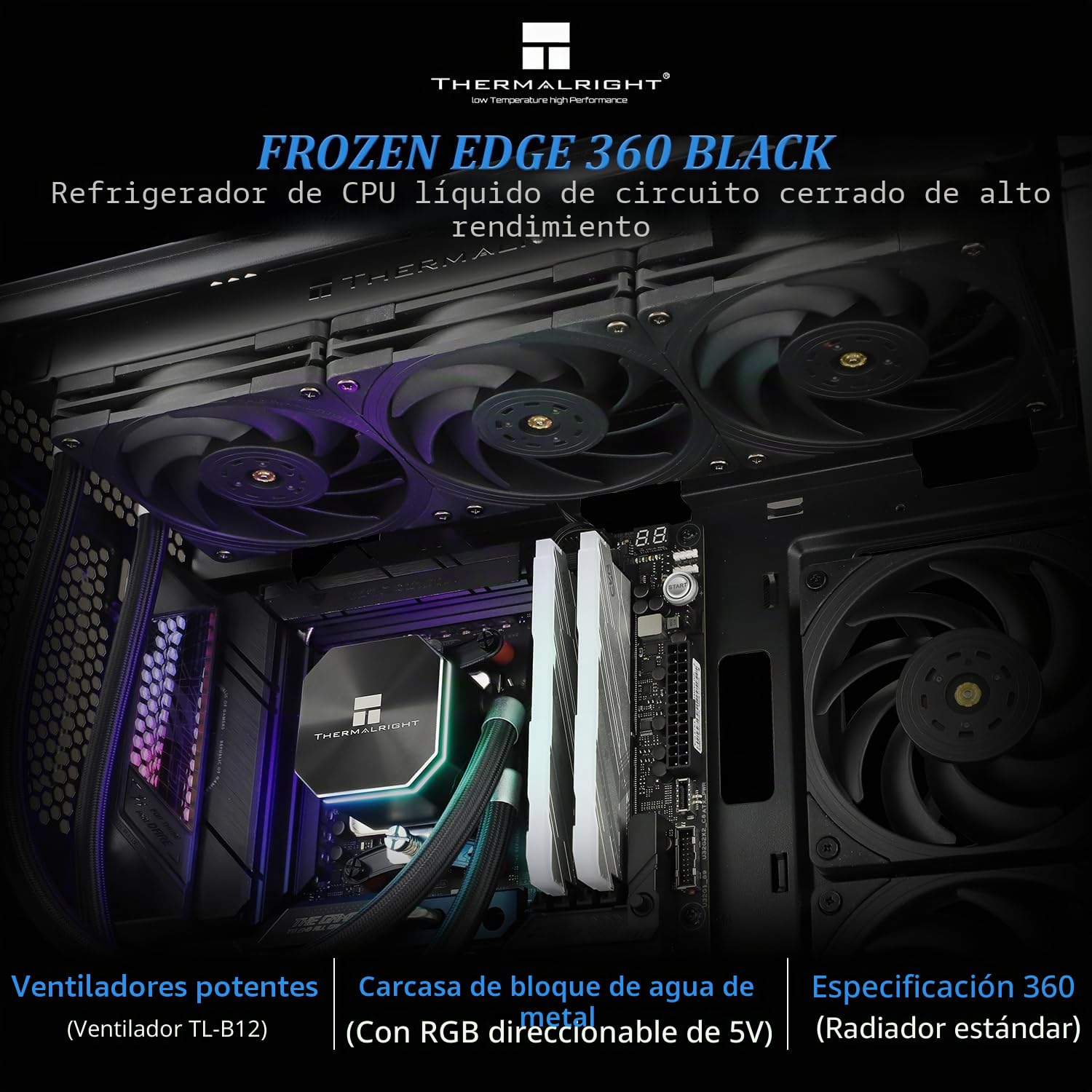 Thermalright Frozen Edge 360 Black Enfriador de agua para CPU líquida con ventilador PWM de 120 mm, disipador de agua integrado para AMD/AM4/AM5, Intel LGA1700/1150/1151/1200