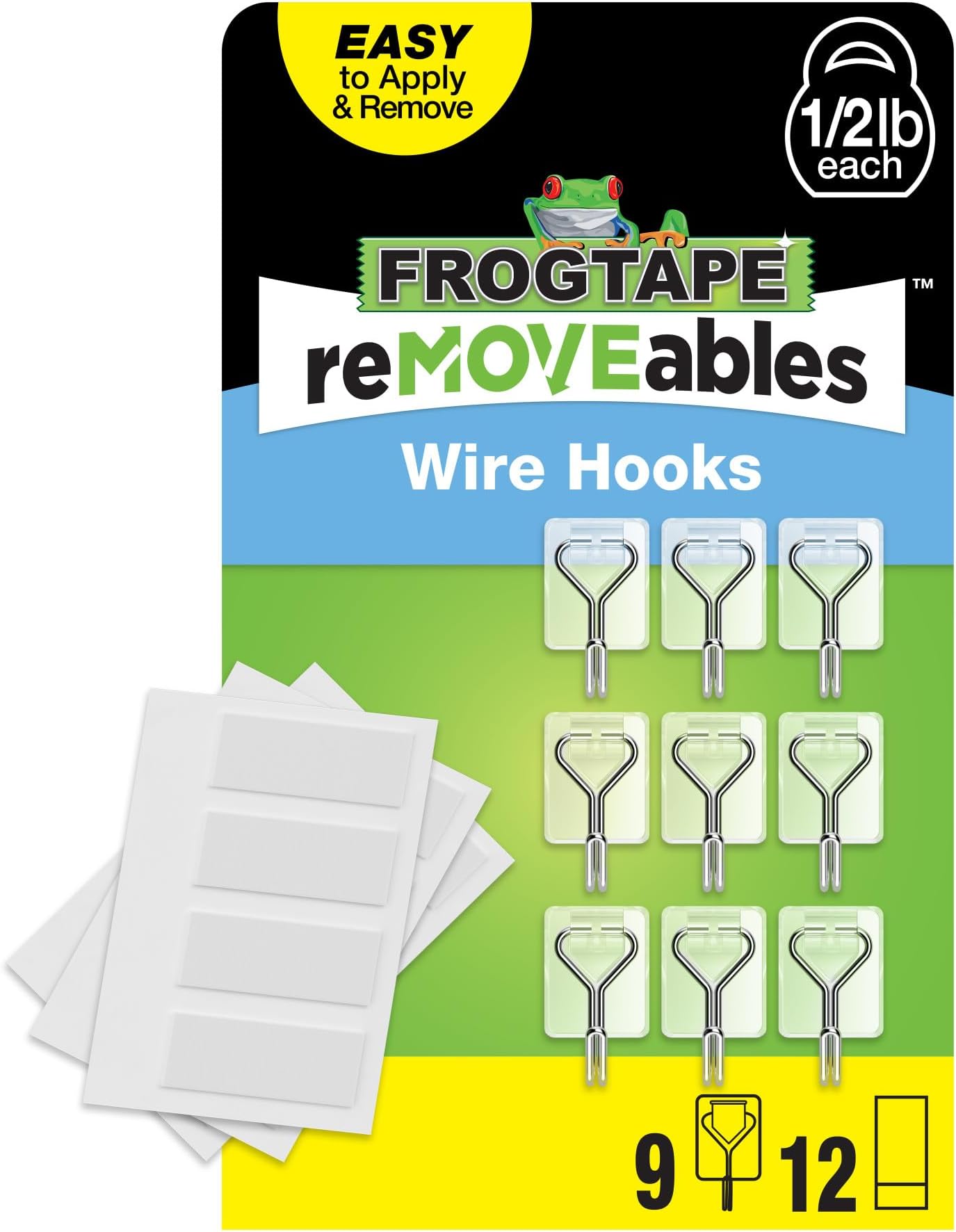 reMOVEables Small Wire Hooks - 9 Clear Hooks & 12 Adhesive Strips - Holds up to 0.5 lb - Damage Free Adhesive Hook - Removable & Reusable Wall Hooks for Hanging - No Nails (Pack of 9)