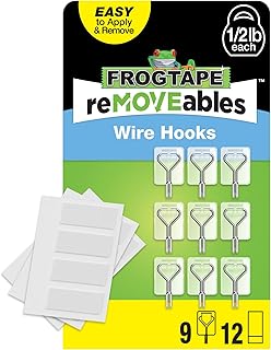 FrogTape reMOVEables Small Wire Hooks - 9 Clear Hooks & 12 Adhesive Strips - Holds up to 0.5 lb - Damage Free Adhesive Hook - Removable & Reusable Wall Hooks for Hanging - No Nails (Pack of 9)
