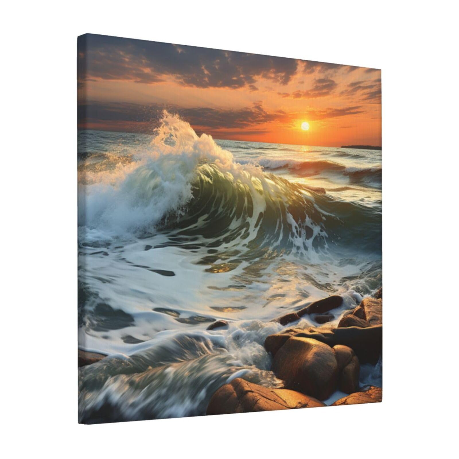 Rocky Wave Sunset Painting Canvas Wall Art for Living Room Wall Decor 12"x12" Modern Artwork Painting Pictures Hanging Canvas Prints Aesthetic Wall Art for Bedroom Bathroom Office Wallart Decor