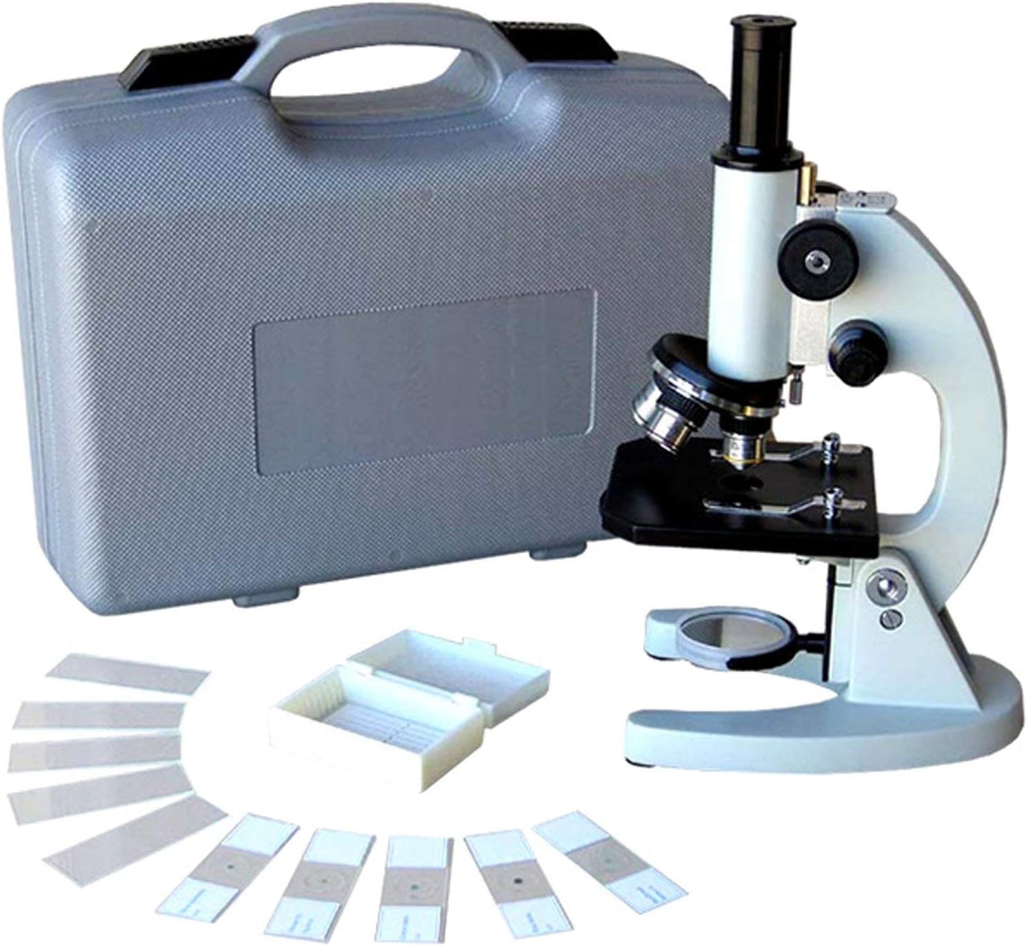 AmScope M60A-ABS-PB10 Beginner Microscope Kit, Mirror Illumination, WF10x and WF16x Eyepieces, 40x-640x Magnification, Includes Case, 5 Blank Slides, and 5 Prepared Slides