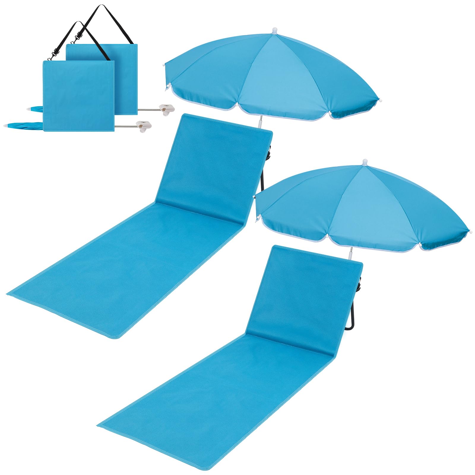 2 Set Beach Chairs with Umbrella, Blue Portable Beach Lounger Lightweight Foldable Outdoor Lounger Folding Lounge Chair for Adult Outdoor Camping Travel Sunbathing Easy to Fold and Carry