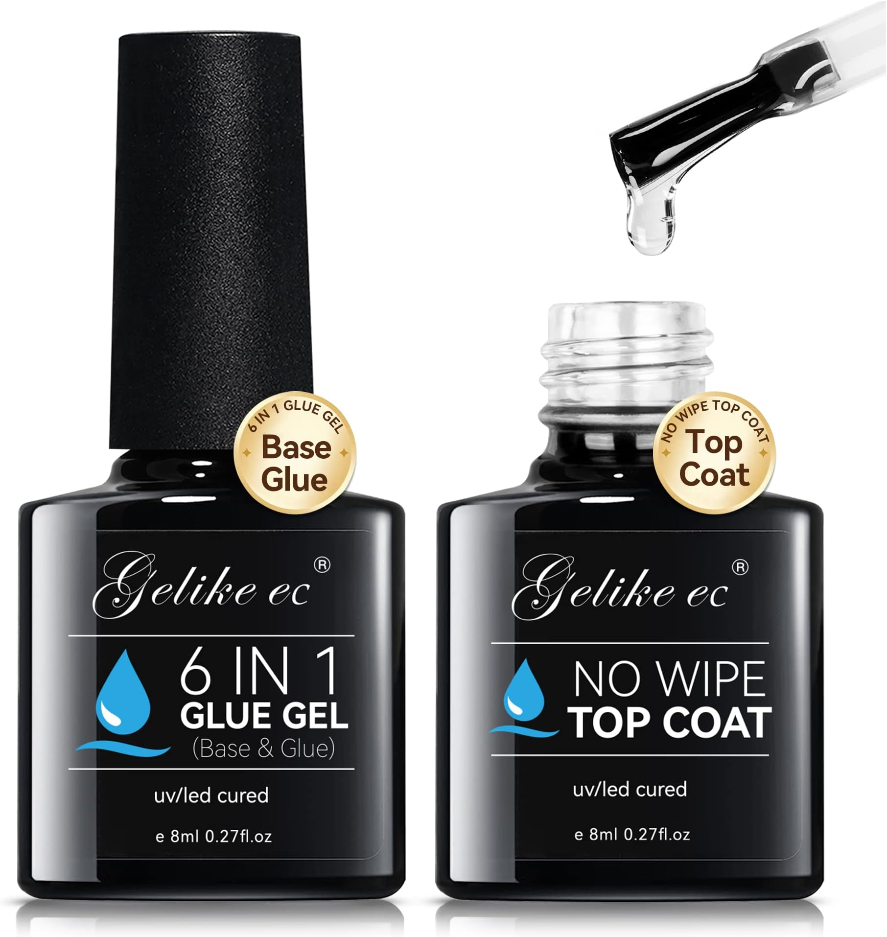 - Gelike EC UV 6 in 1 Gel Nail Glue and Top Coat Kit No Wipe for Press-On Nails Gel-X Extensions Builder Gel Blooming No Pop-Off Low Odor Hema-Free Acrylic False Tips DIY at Home & Salon Art