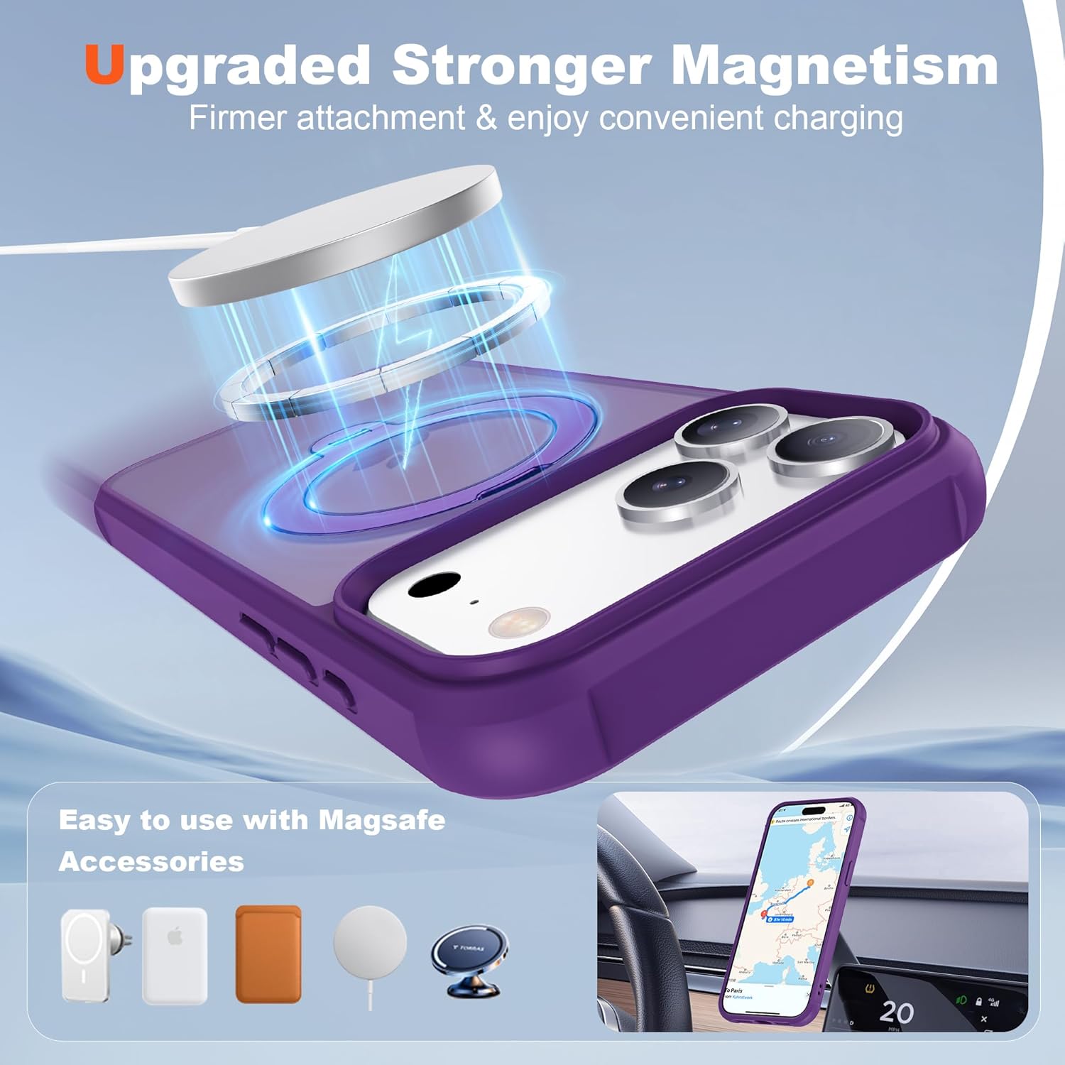 Compatible with iPhone 17 Pro Case with Invisible Magnetic 360°Spin Stand,Military-Grade Shockproof Protection [Compatible with Mag-Safe] Non-Slip Edge Translucent Case (6.3",Purple)