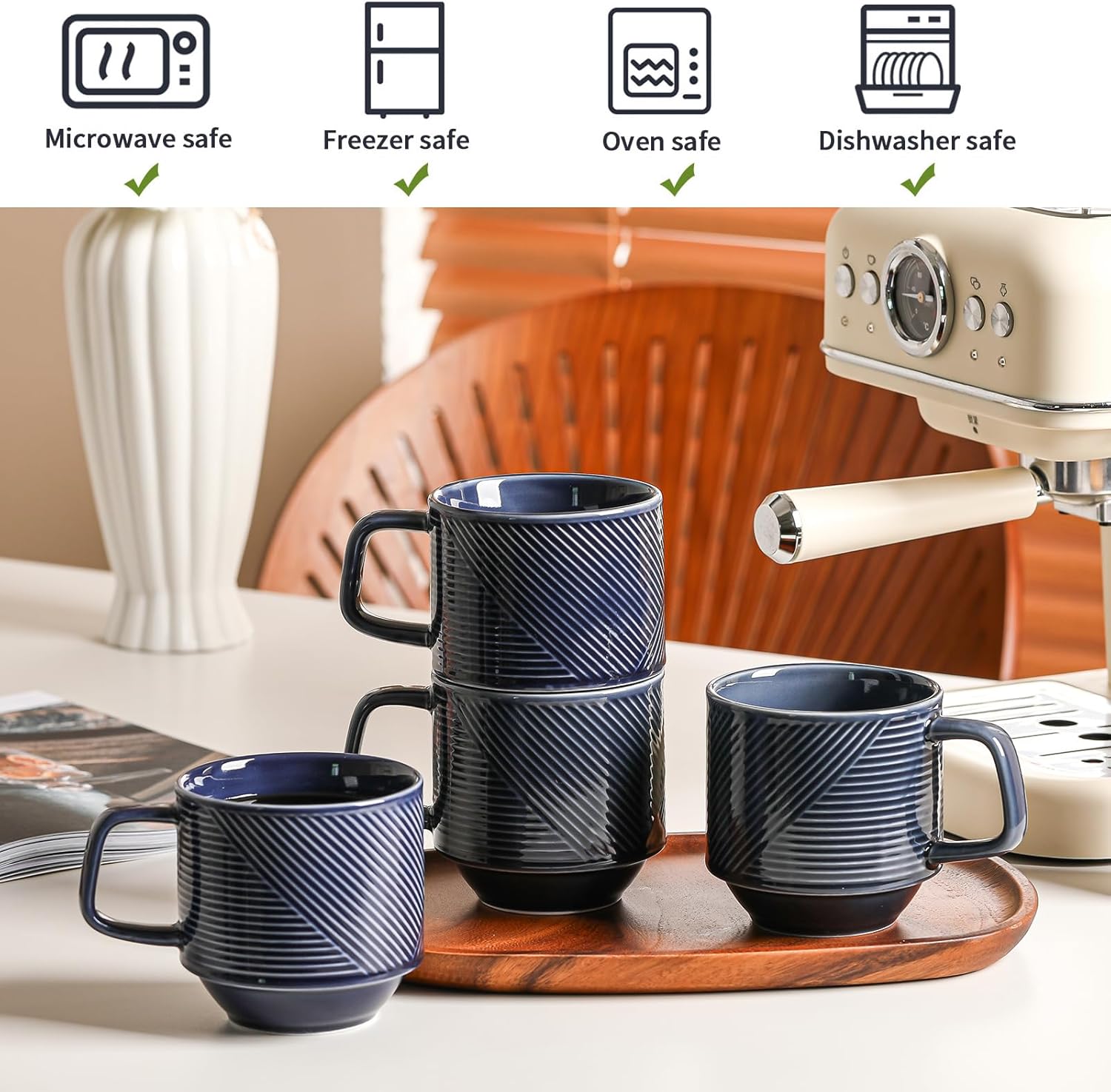Stackable Coffee Mugs Set: 13 oz Ceramic Stacking Cups for Cappuccino Latte Tea - Microwave Safe Mug for Home & Office - 4 PCS, Navy