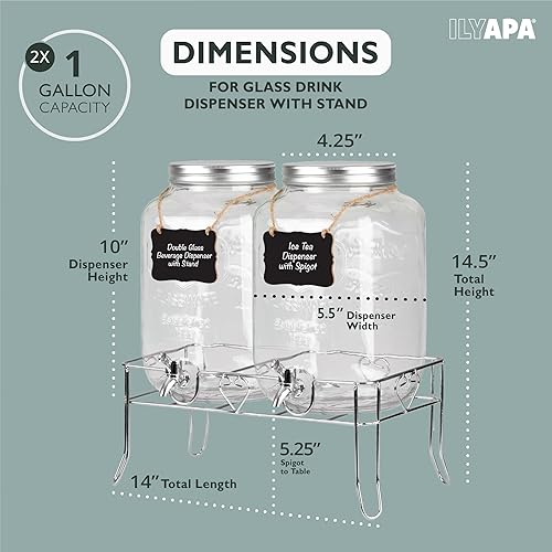 Miniatura 2 de Ilyapa Dispensador de bebidas de vidrio para exteriores, paquete de 2 con base de metal resistente, pizarras colgantes y grifos de acero inoxidable,