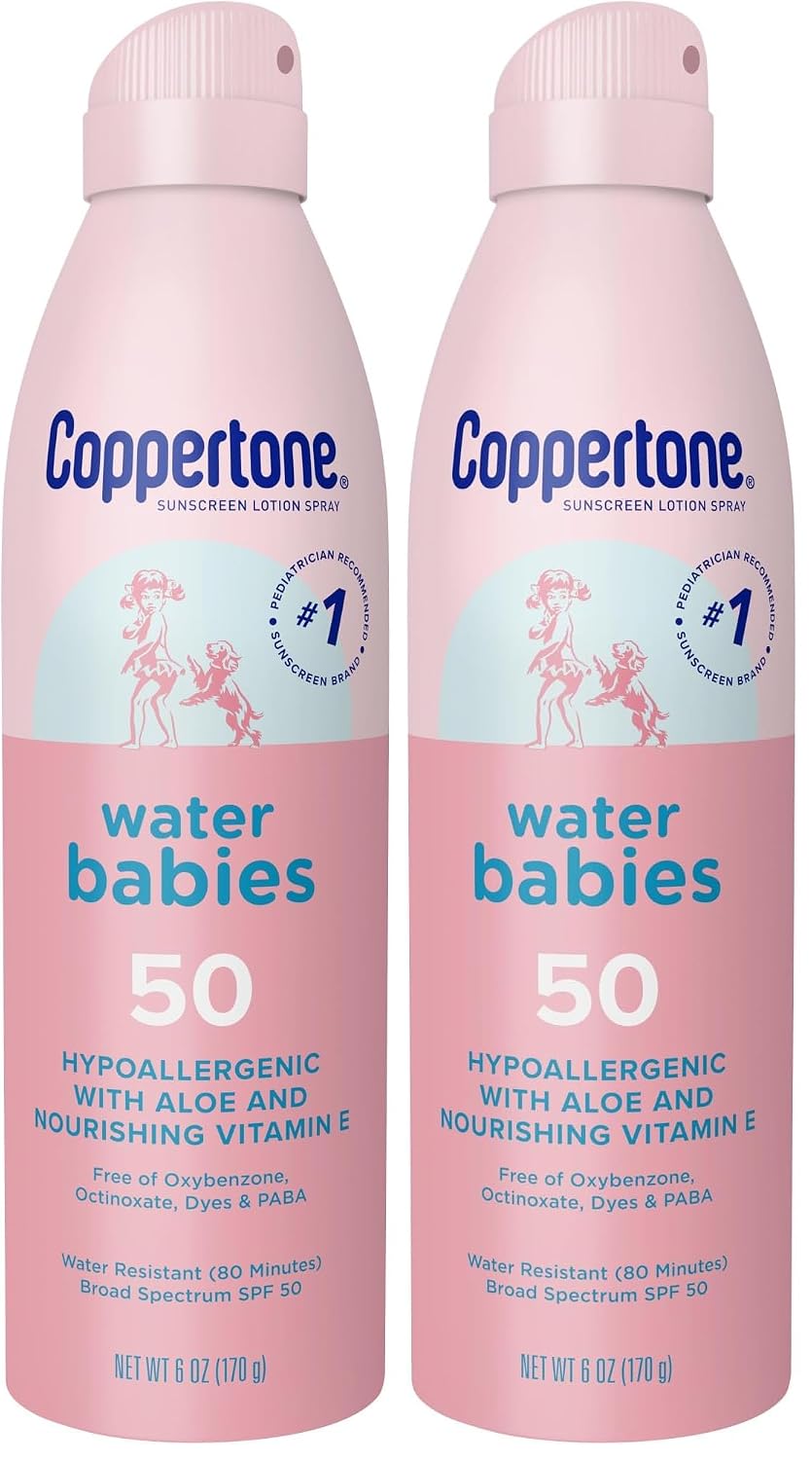 Coppertone Water Babies Sunscreen Lotion Spray SPF 50, Pediatrician Recommended Baby Sunscreen Spray, Water Resistant Sunscreen for Babies, 6 Oz Spray (Pack of 2)