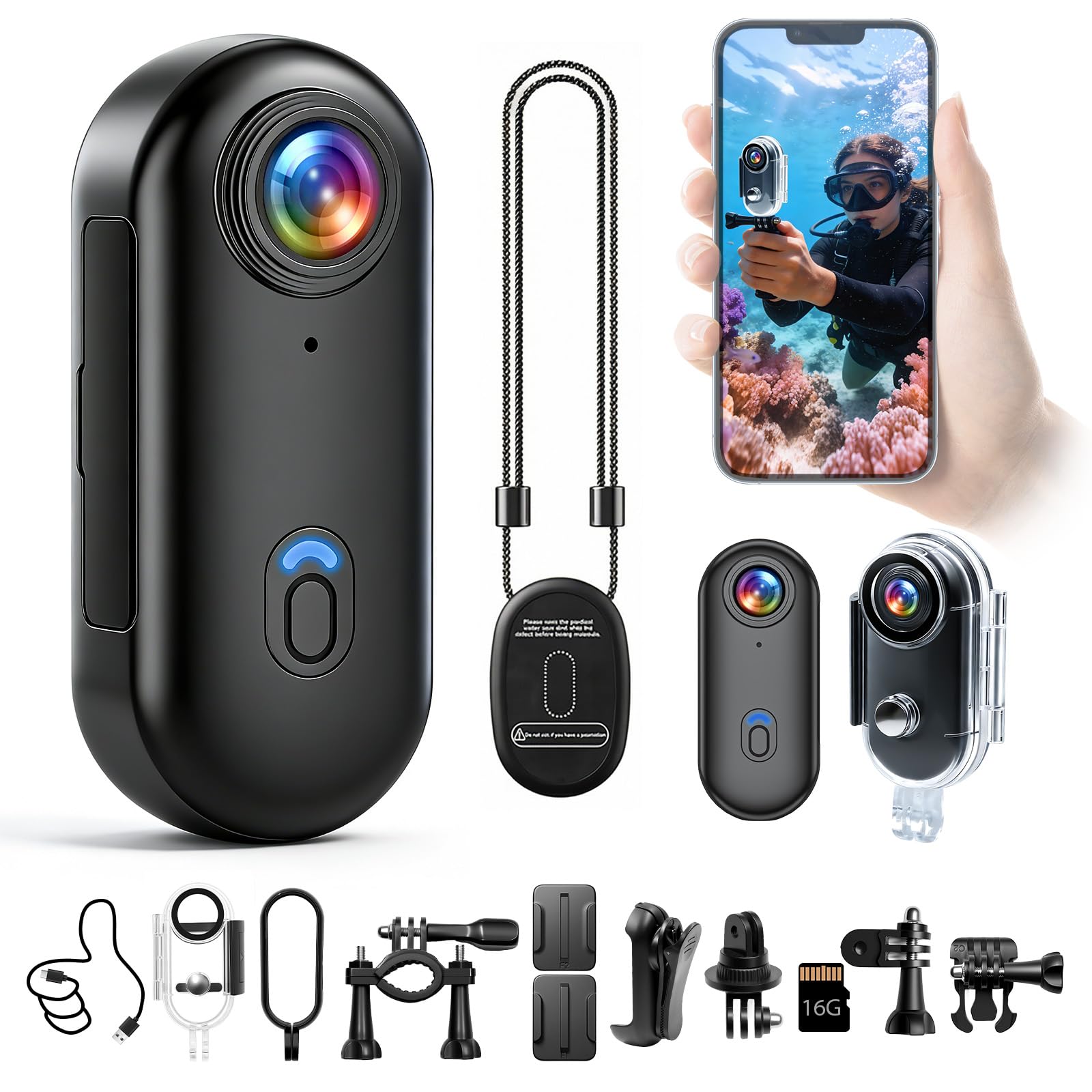 Caméra d'action WiFi 4K 120° Étanche 16 Go avec Accessoires de Fixation