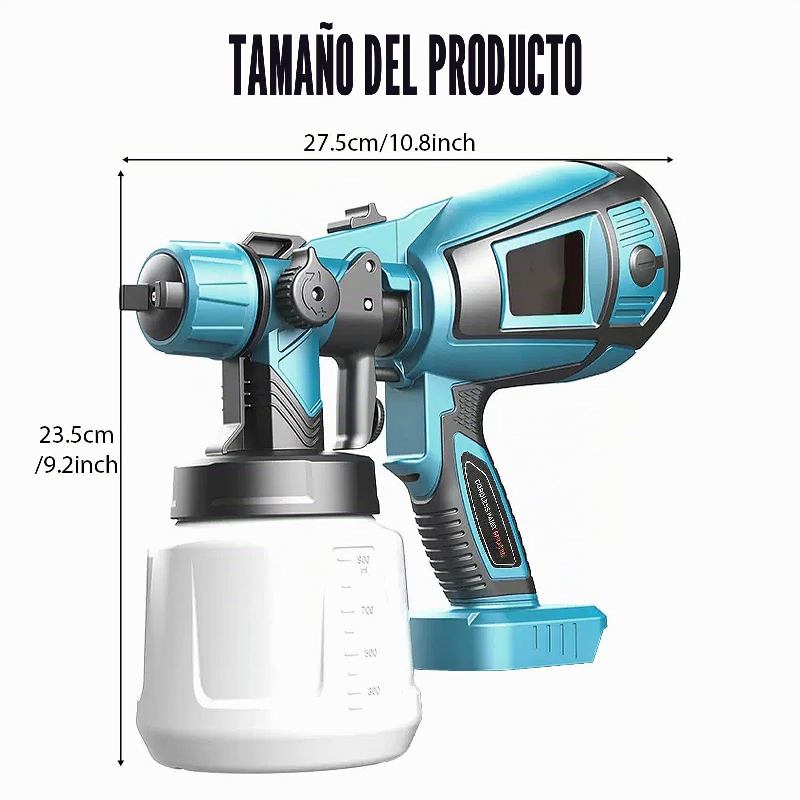 Sistema de pulverización de pintura, batería con 2 baterías de 3000 mAh y cargador, recipiente de PVC de 1000 ml, 3 boquillas y 3 patrones de pulverización, pulverización de cobre puro, pistola de