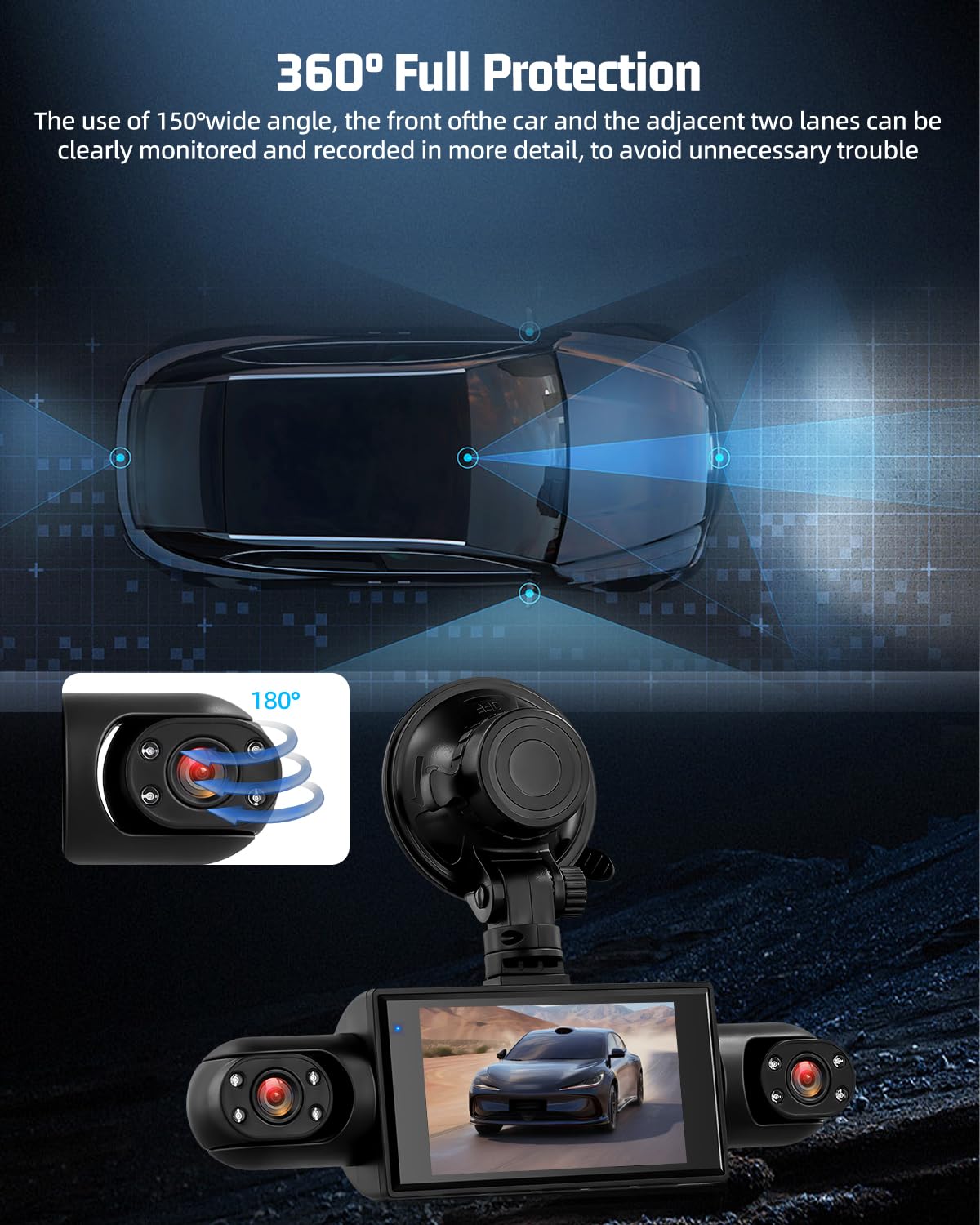 NHOPEEW 3 pollici 1080P 4 canali dash cam per auto, DVR 360°, Dash Cam con rilevamento del movimento, visione notturna, registrazione in loop e compensazione dell'esposizione