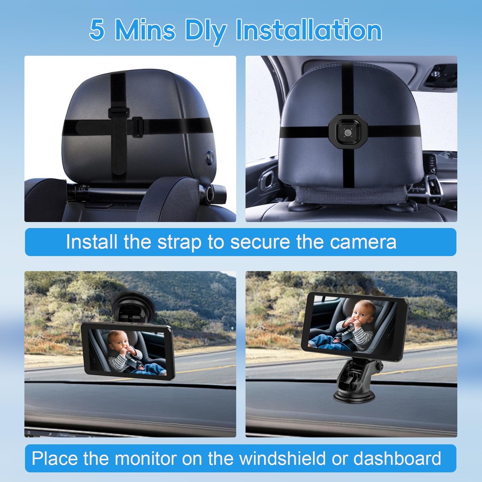 Caméra de Voiture pour Bébé, 5" 1080P Bébé Voiture Retroviseur Moniteur avec Vision Nocturne, 170° Large Vision, Installation Facile, pour Les Fants, Les Enfants(Supporte 1 Caméra)