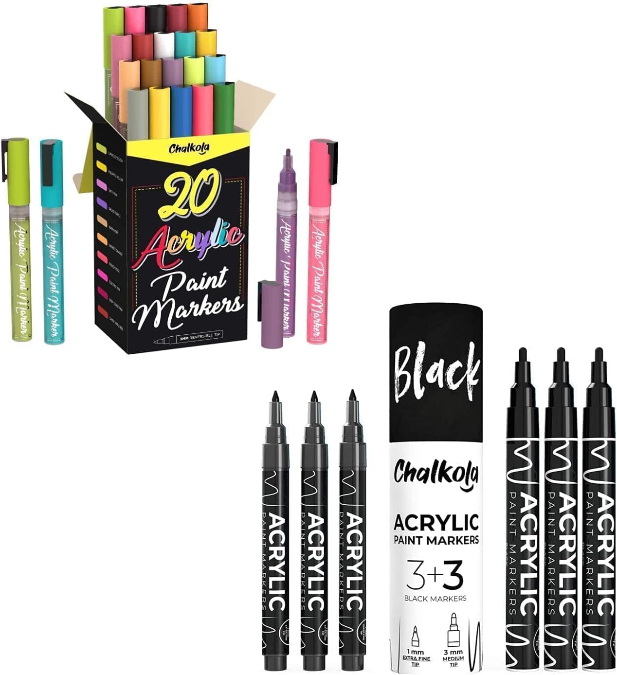 Chalkola Acrylic Art Bundle 20 Fine Tip MultiColor + 6