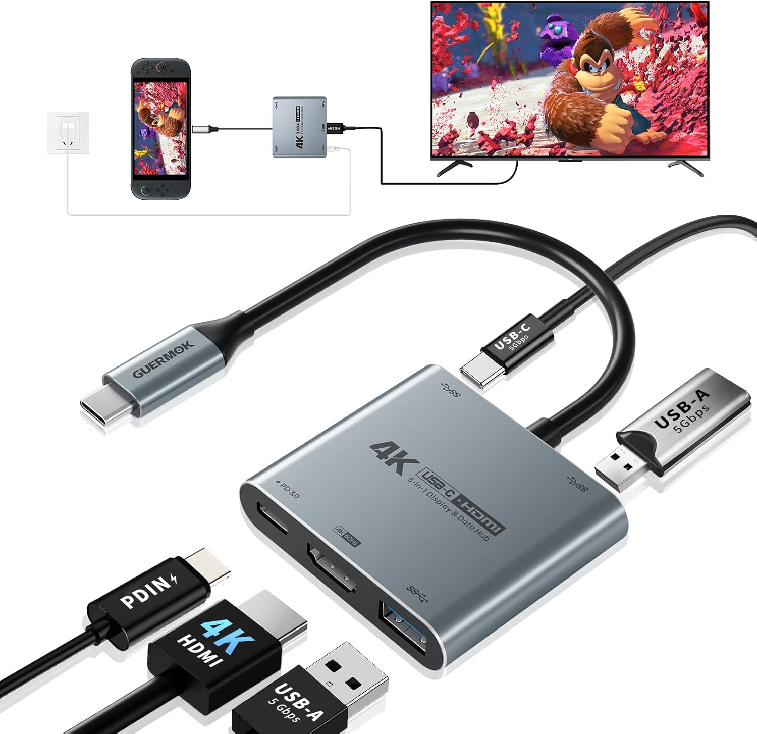 Guermok 5-in-1 USB-C Hub, Switch 2 Travel Dock, USBC to HDMI 4K@60Hz Display, PD 100W, 2×USB-A 3.0 5Gbps, 1×TypeC Data Port – Portable Gaming Console, Laptop & Tablet Expansion (Silver)