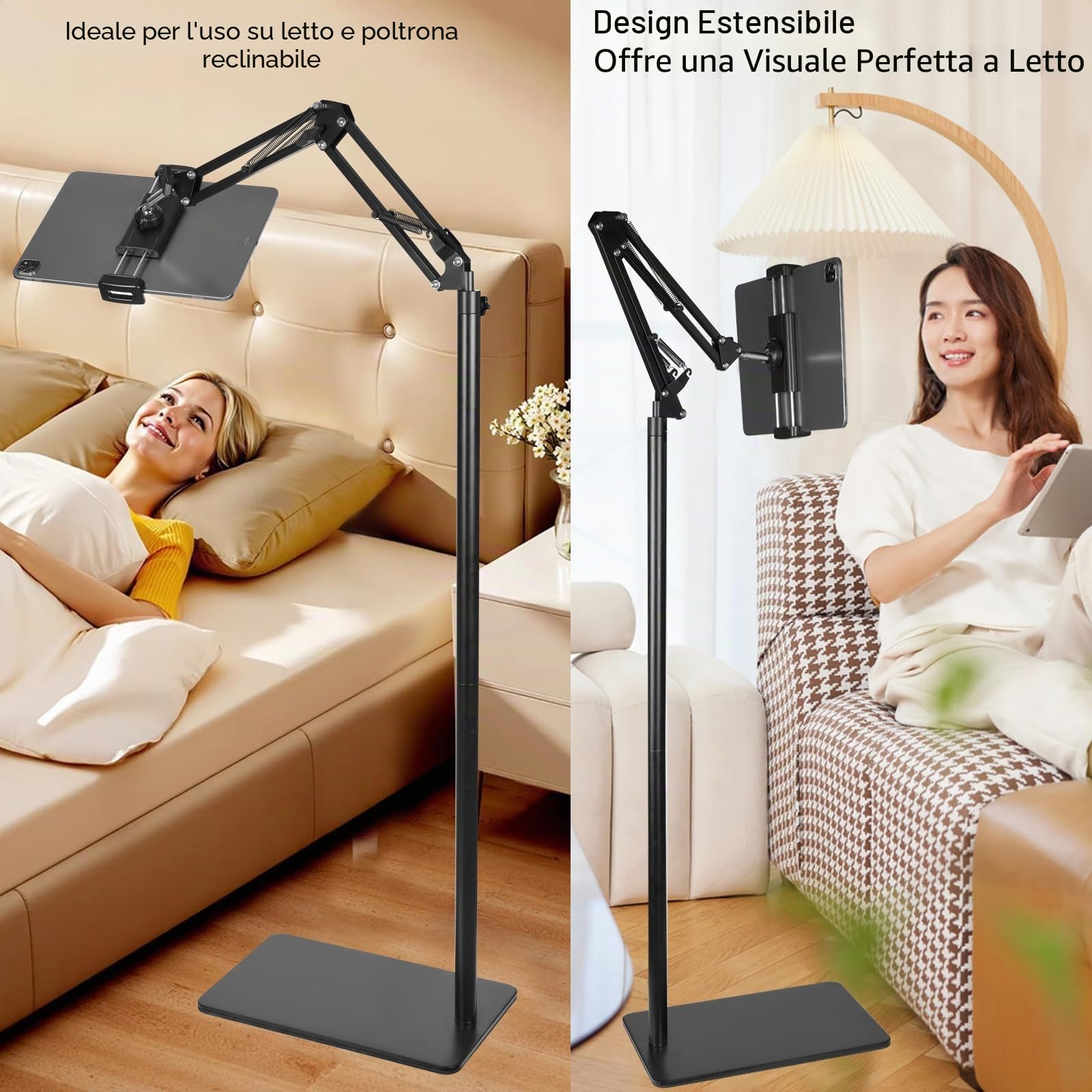 Supporto da pavimento per tablet con doppia base resistente e stabile che non si ribalta, girevole in altezza, supporto per tablet per iPad, Kindle, Galaxy Tab, telefoni cellulari