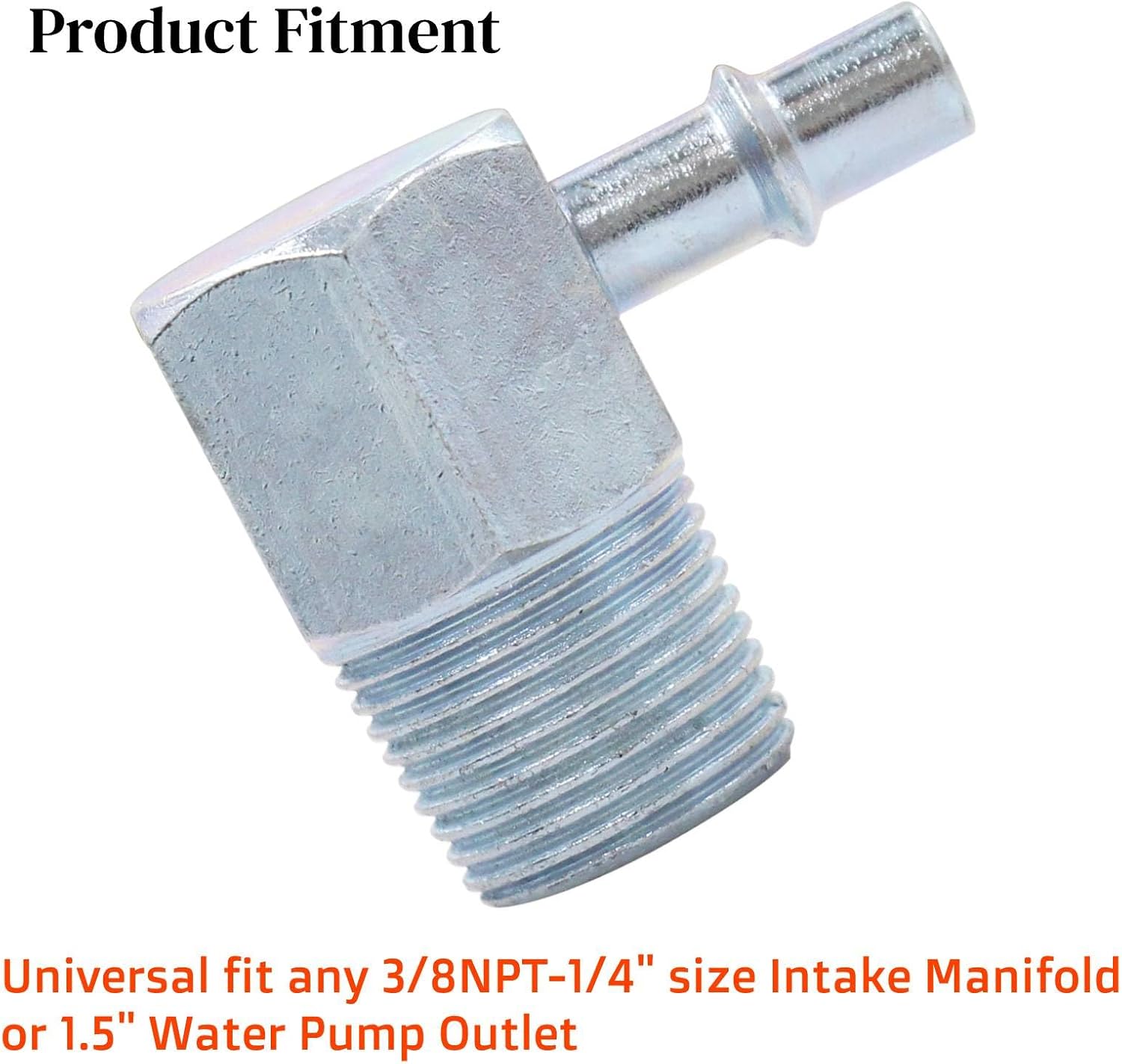 Universal Iron Steel Zinc Plated Intake Manifold Vacuum Fitting 90° 3/8" NPT to 1/4" Nipple Fits Chevy SBC BBC Ford Buick with Seal Tape