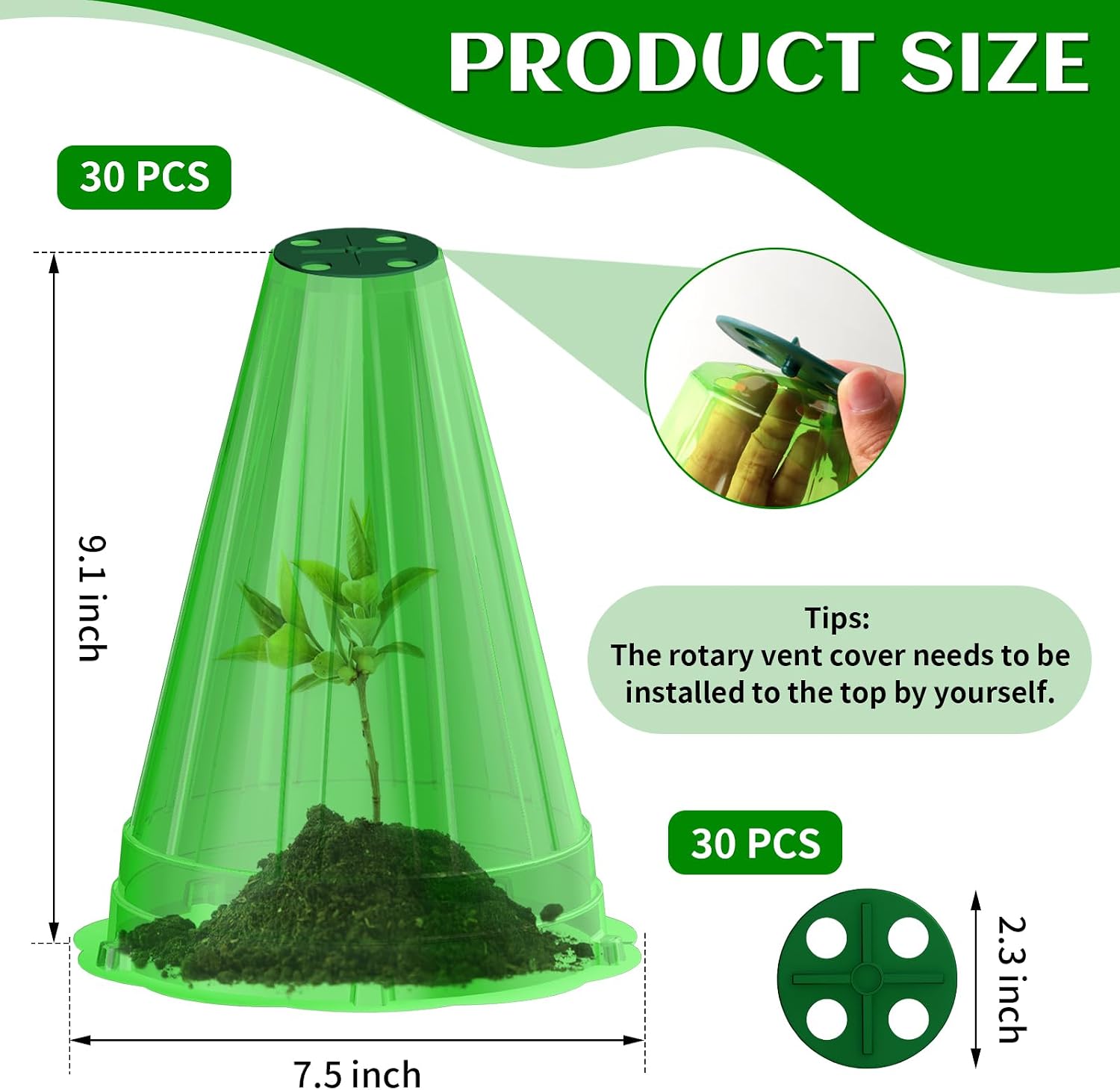 Garden Cloches for Plants, 30 Pack Garden Cloche with Rotary Vent, Reusable Bell Plant Covers, Plant Cloche Protectors from Animals Snails Birds Chickens, 7.9" H X 6.7" D (Green)