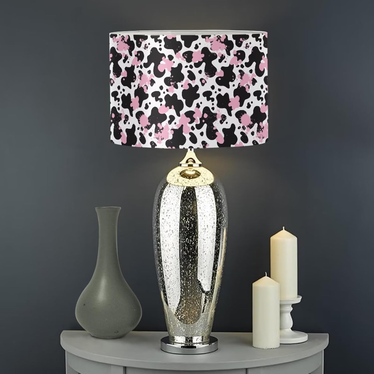 Yzaoxia Cute Cow Drum Light Shade Black and Pink Lamp Shade for Bedroom Living Room PVC Drum Lampshade Cover for Desk Lamp Table Lamp Wall Chandelier Lamp Floor Light