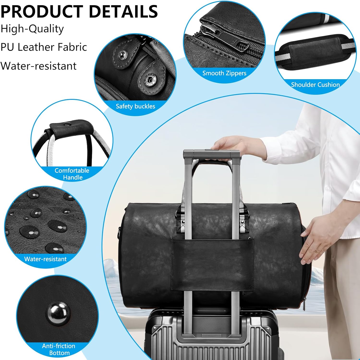 Leather Garment Bags for Travel, Convertible Carry on Garment Duffel Bag for Men, 2 in 1 Waterproof Foldable Travel Suit Bag with Shoulder Strap Weekender Bag with Shoe Pouch - Image 5