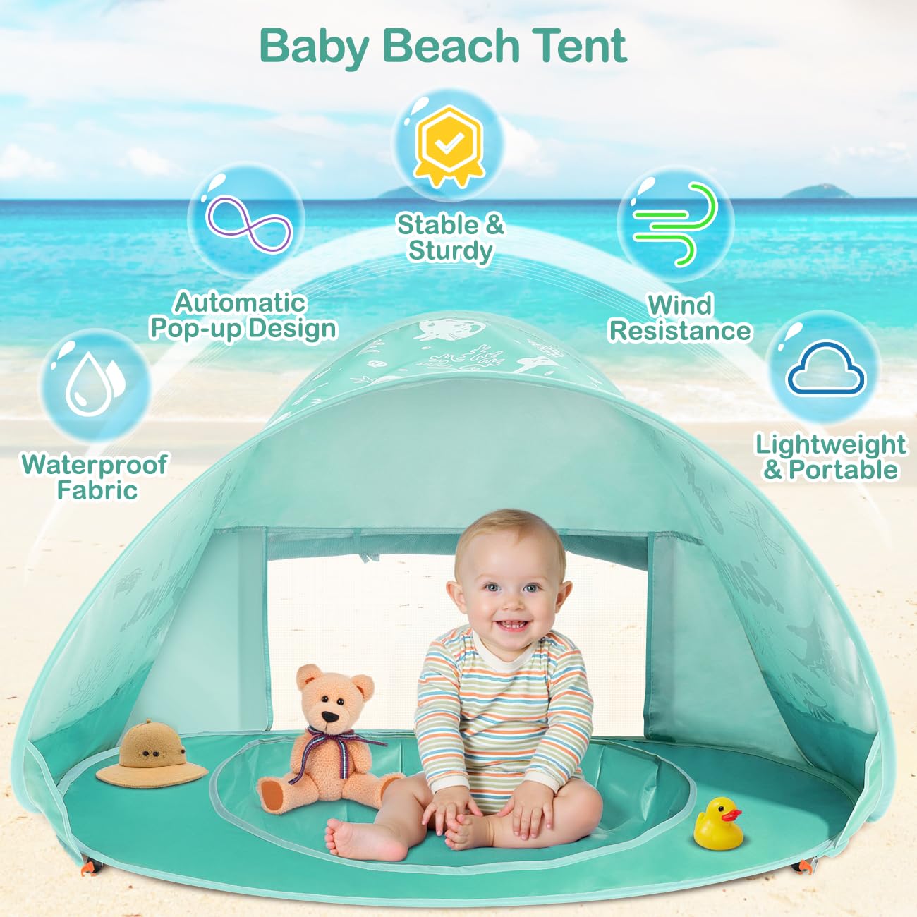 Tente Anti-UV Bébé, Grande Tente de Plage pour Bébé avec Mini-Piscine-Système Pop-Up avec Jouets, Protection Solaire FPS 50+ pour Maison, Cour, Camping, Menthe Verte