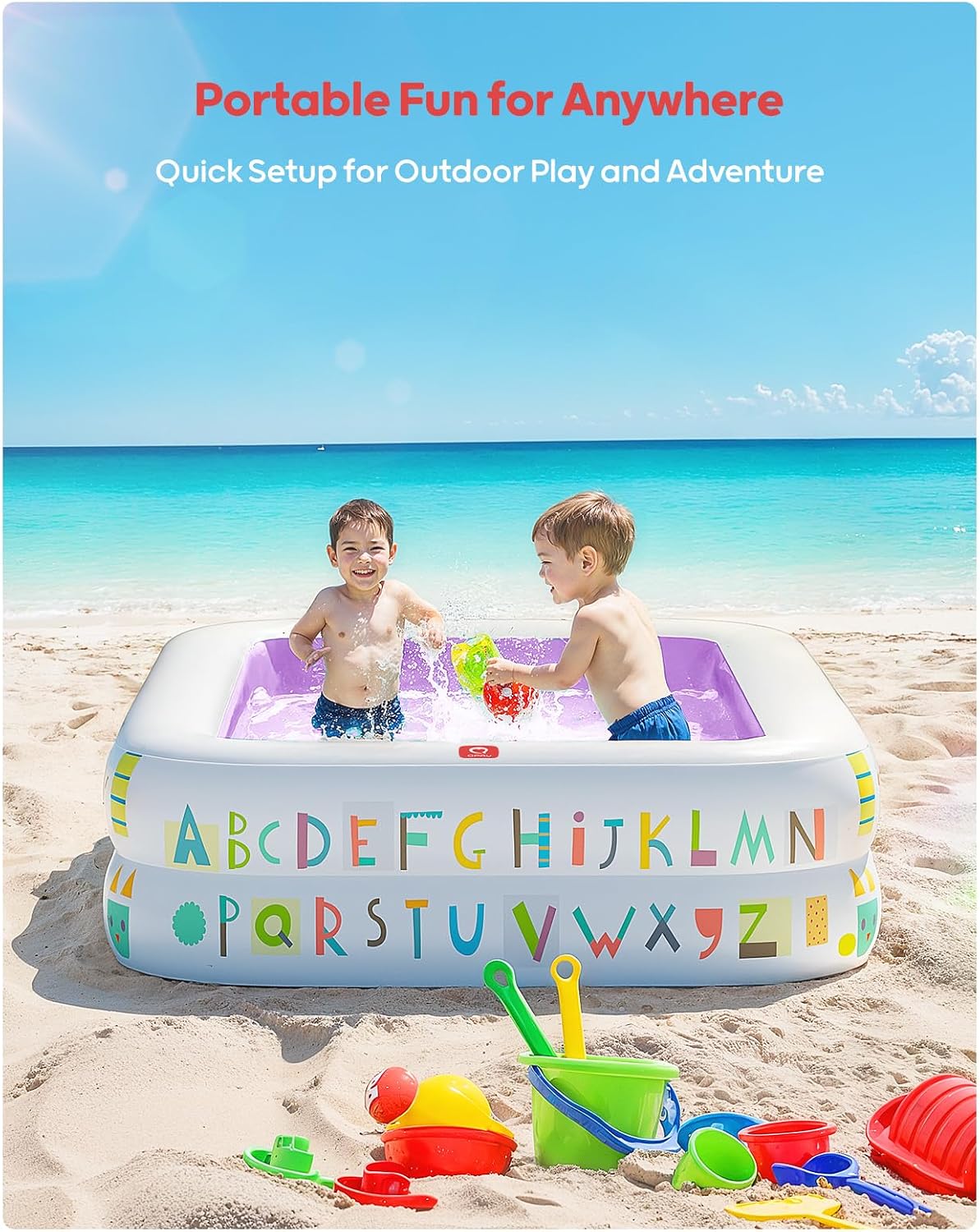 QPAU Kiddie Pool – 65" x 39" Inflatable Pool for Kids & Toddlers, Ball Pit & Baby Pool with Soft Floor, Educational Alphabet & Number, Durable Outdoor Play Toys for Backyard & Indoor Fun (Purple)