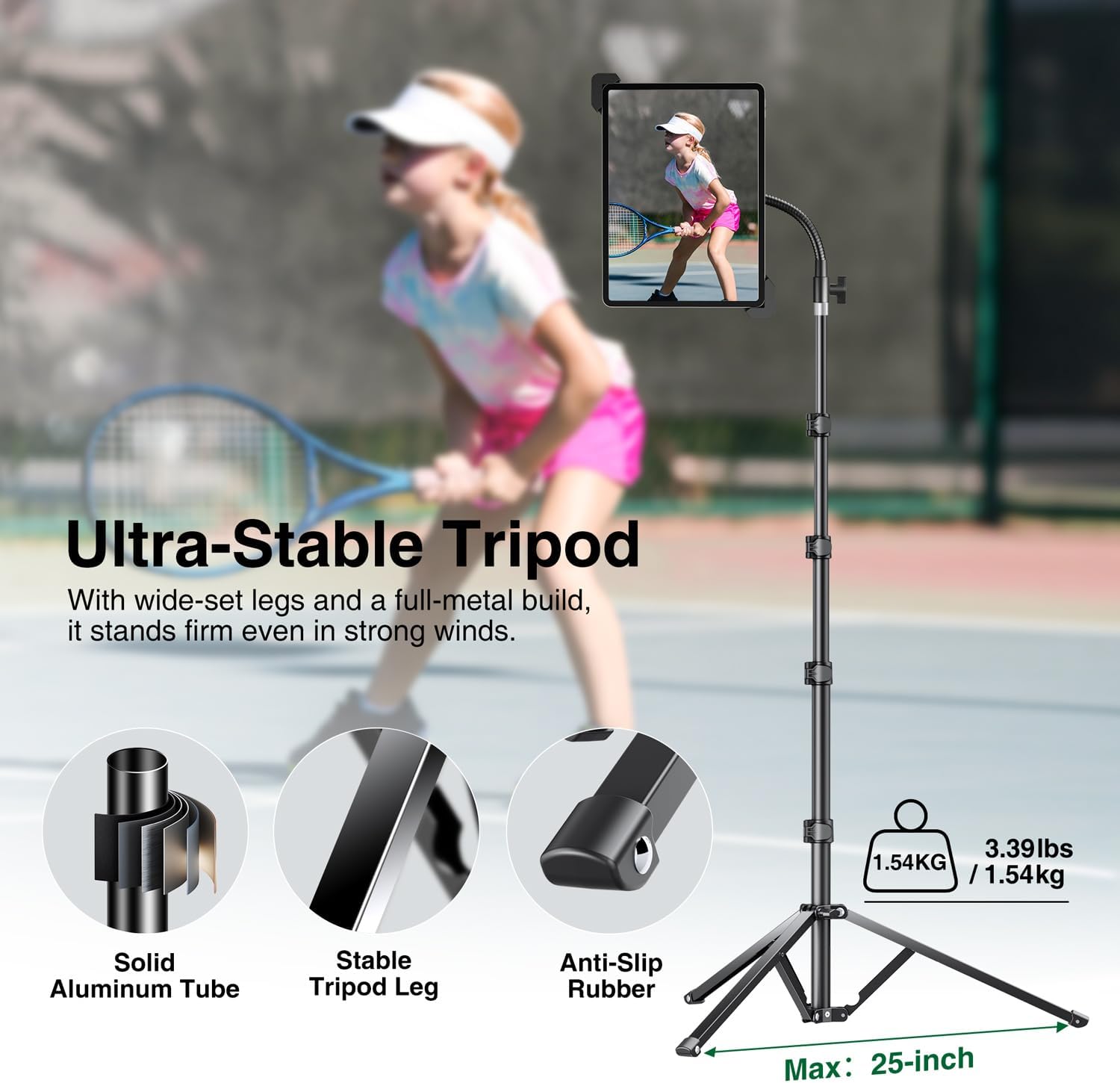 elitehood Aluminum Diagonal Design 72" iPad Tripod Floor Stand, Heavy Duty Adjustable Tablet Stand Holder, Flexible Gooseneck iPad Stand for Pro 13 12.9 11, Air, Samsung Tab and More 9-14.2" Devices
