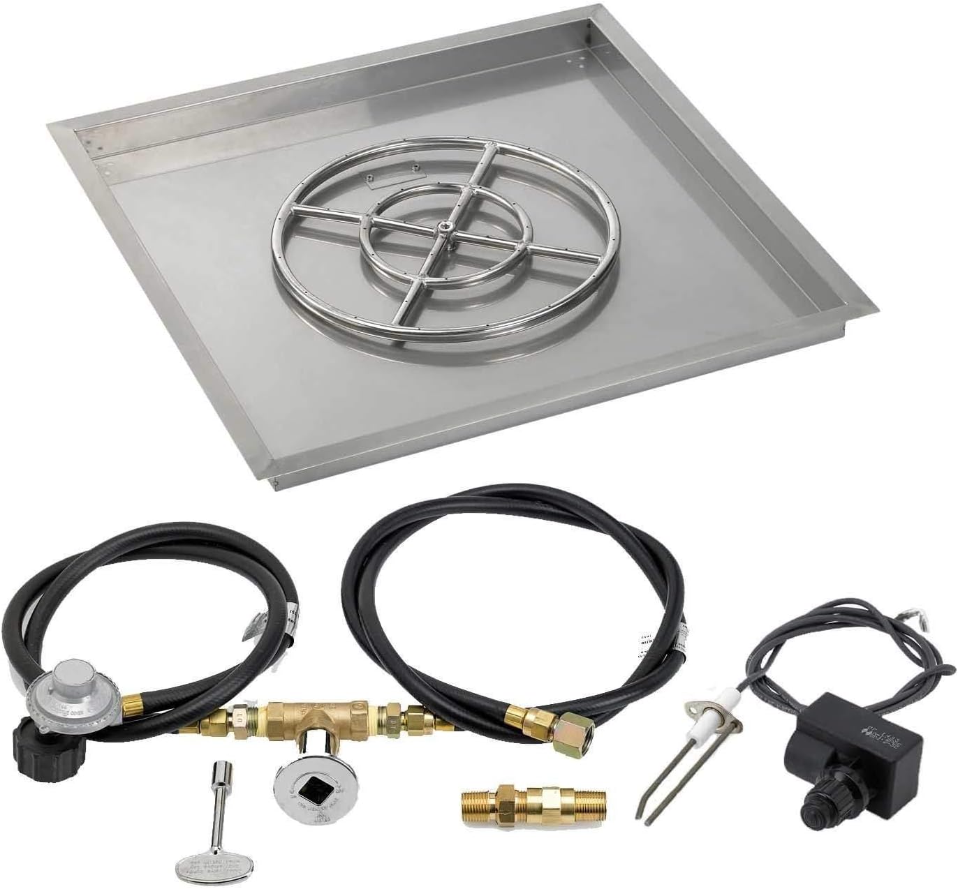American Fireglass SS-SQPKIT-N-12 Natural Gas 12" Square Stainless Steel Drop-in Pan with Spark Ignition Kit (6" Fire Pit Ring)
