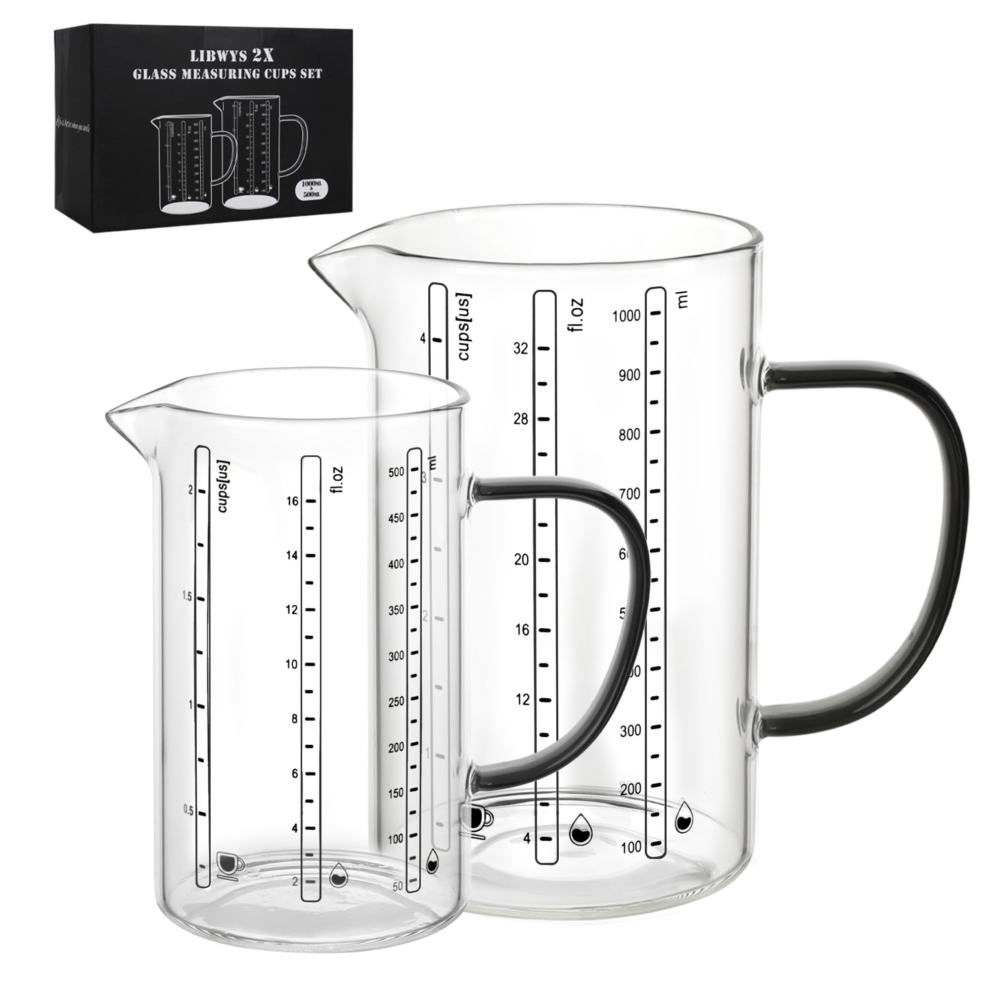 LIBWYS Set van 2 maatbekers van glas, 1000 ml en 500 ml, hittebestendig borosilicaatglas met anti-slip siliconen pad, schaalverdeling in liter, milliliter, kopjes