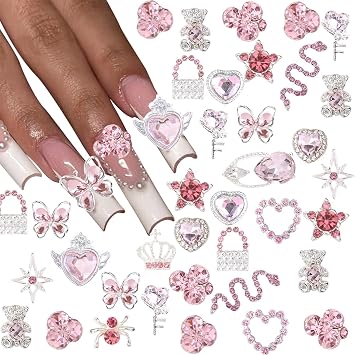 32 Pcs Nail Charms for Nails Art 3D Star Butterfly Rhinestones Nail Charms Mixed Snake Spider Love Heart Design Nail Decorations Shiny Nail Art Charms Nail Supplies for Women Acrylic Nails