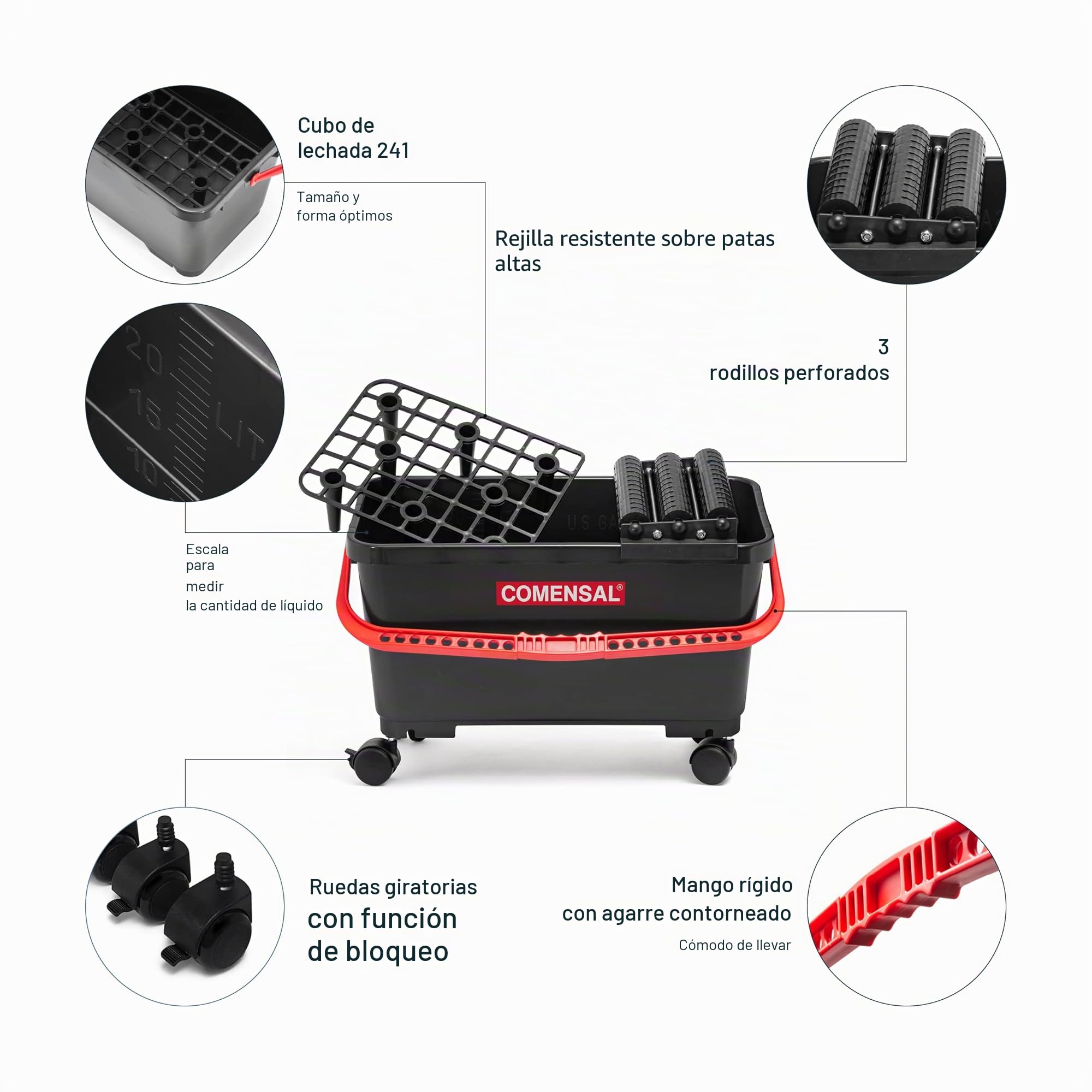 COMENSAL® Cubeta Alicatador 24L - XL - Conjunto de Limpieza de Baldosas 15 Piezas - Juego de Lavado con Ruedas - Rodillos - Rejilla - Made in EU
