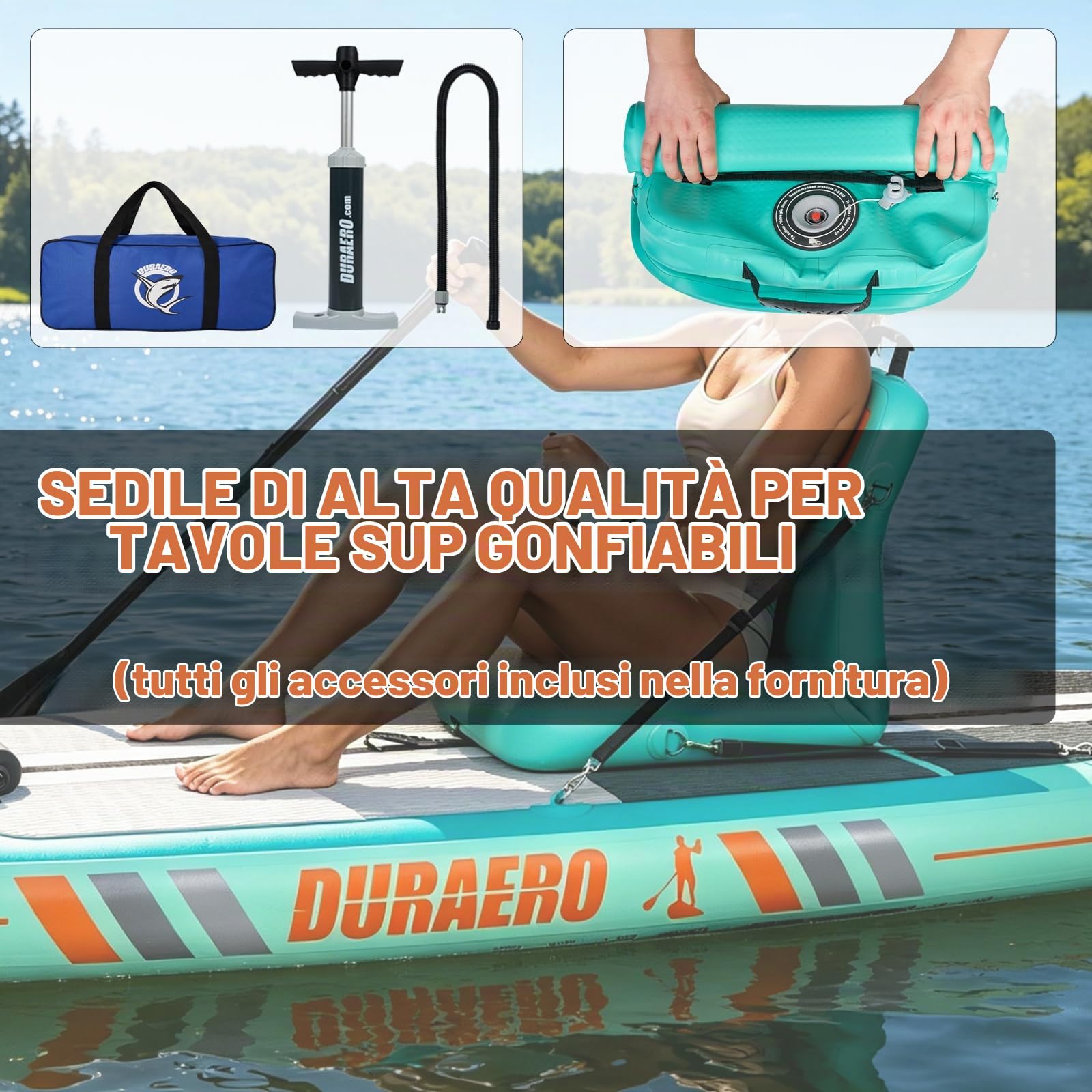 DURAERO Sedile gonfiabile per kayak con schienale, sedile per SUP e kayak con superficie antiscivolo in EVA, sedile comodo per accessori per stand up paddle board