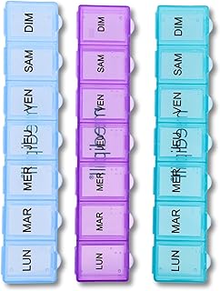 Lot de 3 Piluliers Semainiers Français | Pilulier 7 jours - 7 Compartiments | Compact et Durable | Sans BPA | 3 pièces | 3 couleurs | MED-S7-LOT