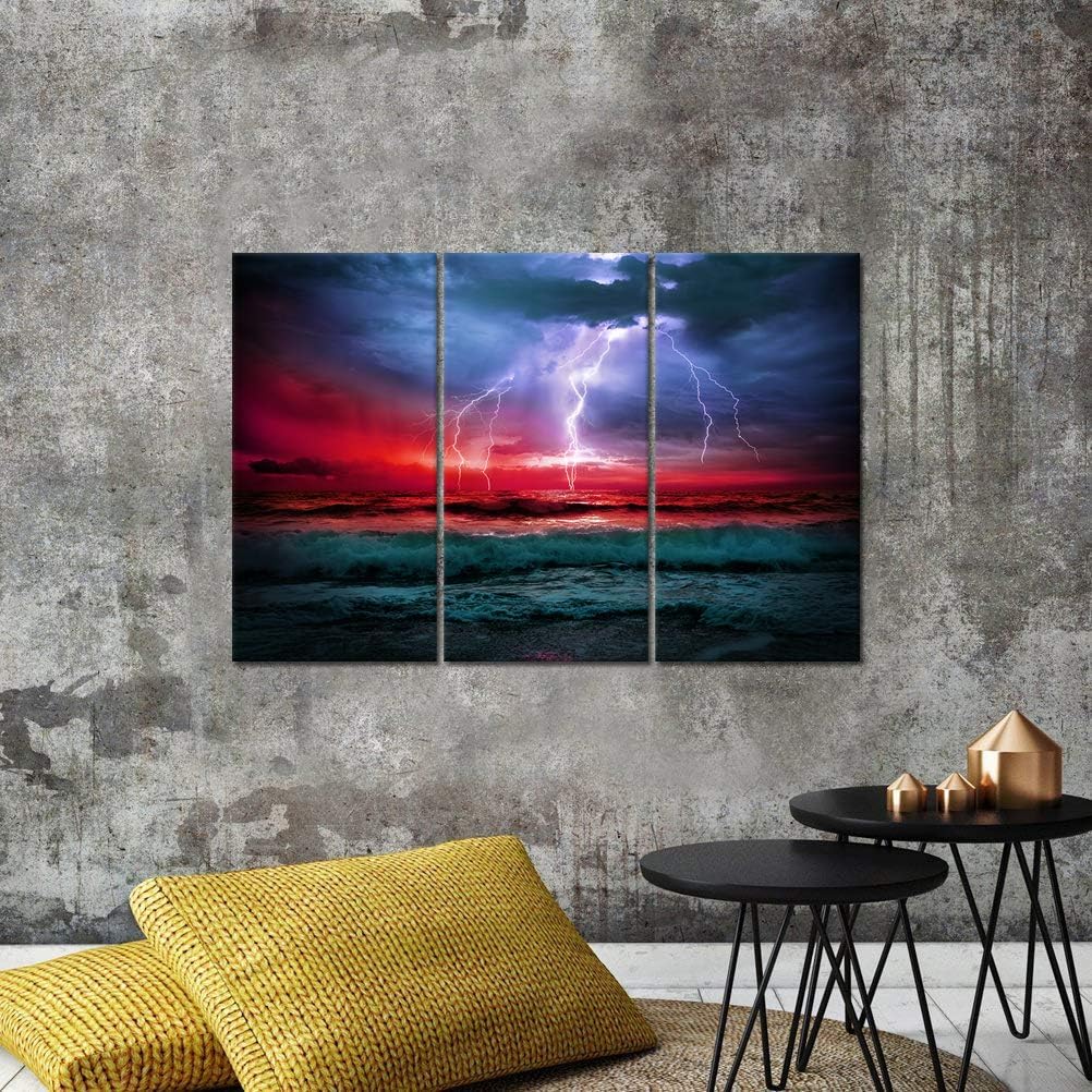 3 Piece Nature Lightning Strikes Canvas Print Wall Art Ocean Storm Wave Pictures Paiting Artwork Seascape Home Decor Stretched for Home Living Room Office Wall Decoration 16"x32"x3PCS