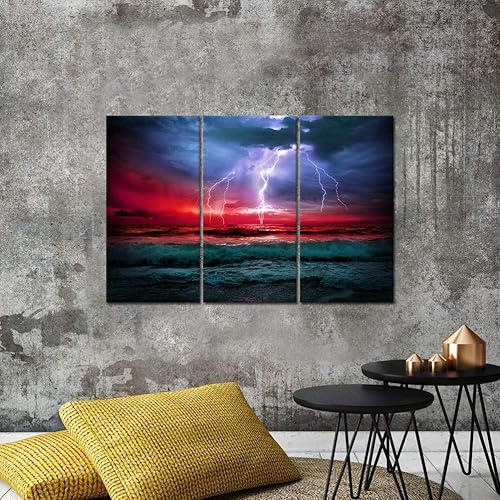 Miniatura 5 de SkenoArt 3 piezas de lienzo con estampado de rayos de la naturaleza, arte de pared, imágenes de olas de tormenta del océano, arte de paiting,