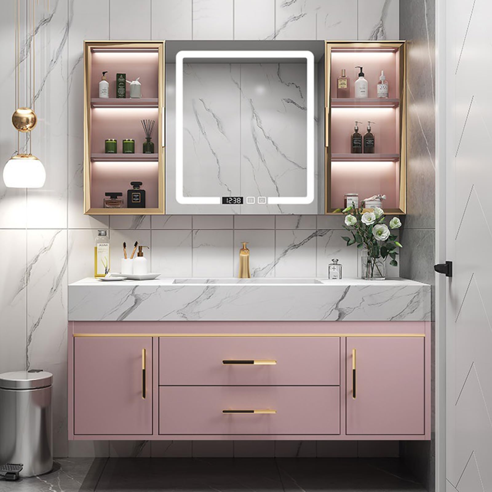 Juego De Muebles De Baño con Lavabo, Mueble De Baño con Cajones Y Gabinete De Espejo De Iluminación LedPink,130cm/51in