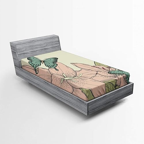 Miniatura 234 de Ambesonne - Sábana bajera ajustable multicolor, en colores y tres tamaños Azul y gris,Verde Militar Sage Green,Ámbar beige,Negro Grey White,Azul