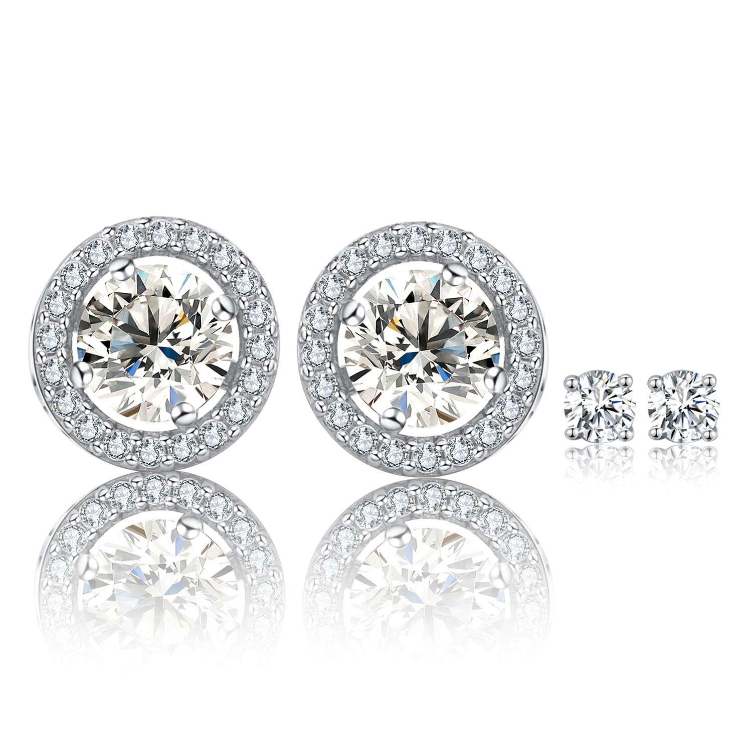 S925 Sterling Silver with 18K White Gold/Rose Gold Plated Cubic Zirconia Halo Stud Earrings Set for Women Teen Girls Jewelry with Gift Box