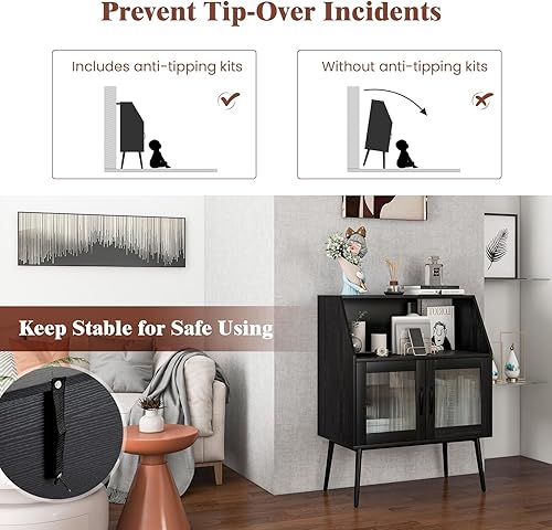 Miniatura 5 de COSTWAY Armario tipo buffet, aparador de cocina con compartimento abierto, puertas de vidrio templado y kit antivuelcos, moderno armario de