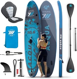YM Tabla de surf SUP hinchable Premium de 320 x 82 x 15 cm con asiento Kayak + remo mono-doble pala, 304 litros, máx. 145 kg, anillos, mochila, correa y accesorios incluidos, marca Italia, Stand Up