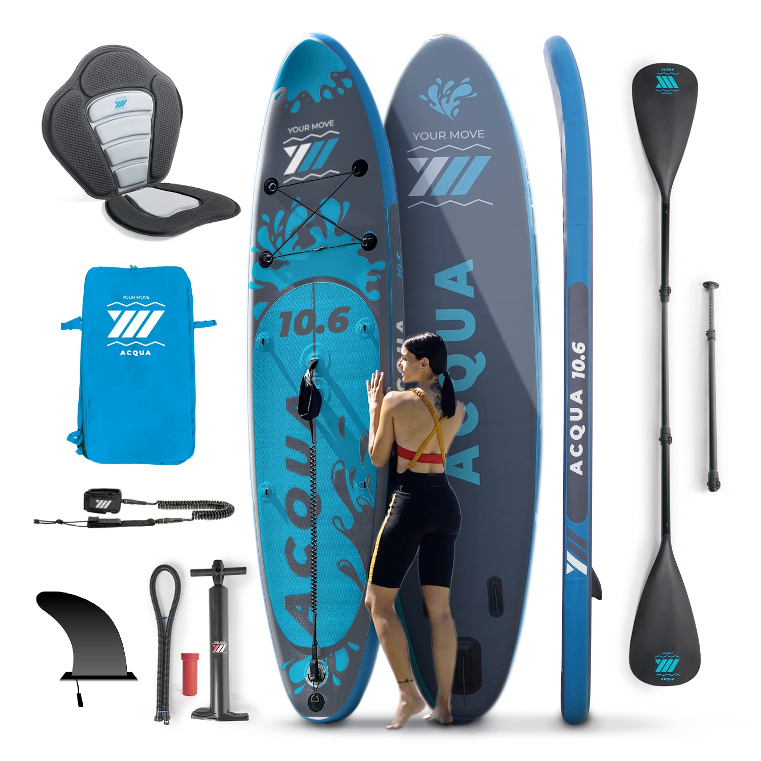 YM SUP Gonfiabile Premium Stand Up Paddle, Tecnologia '3D Drop Stitch HD' + 'STL-Fusion', Marchio e Assistenza ITALIA, Anelli Zaino Viaggio Leash e Accessori Inclusi, Varie Versioni, Bianco o Grigio