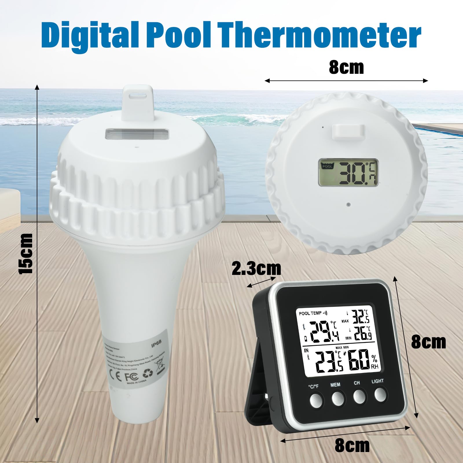 Aideepen Termometro radio per piscina, termometro digitale con sensore di galleggiamento, commutazione °F/℃ per uso in piscine, vasche da bagno, stagni e spa