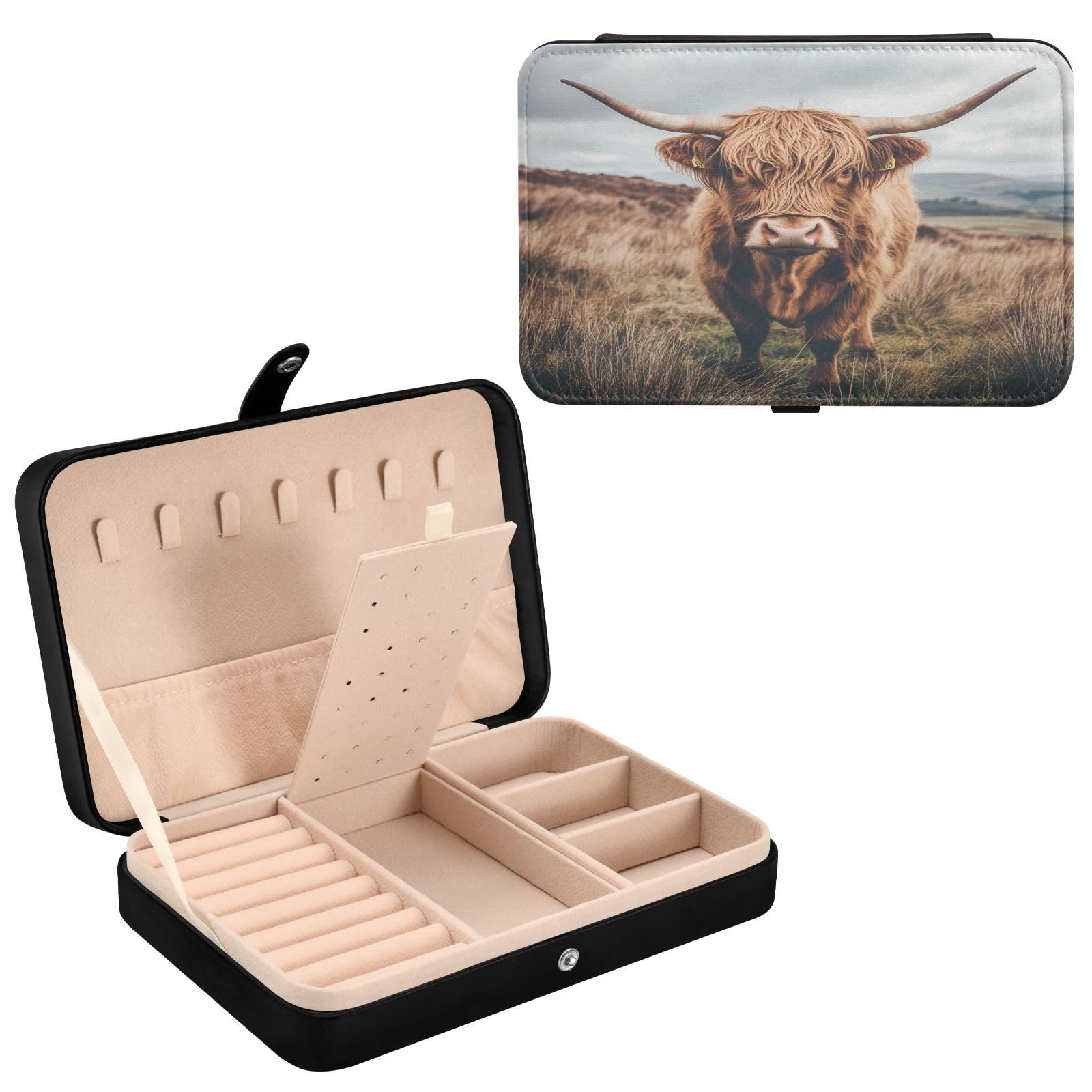 Haskirky Highland Cow Jewelry Box Portable PU Leather Travel Jewelry Organize for Women Jewelry Storage Display Holder for Ring, Necklace, Earring