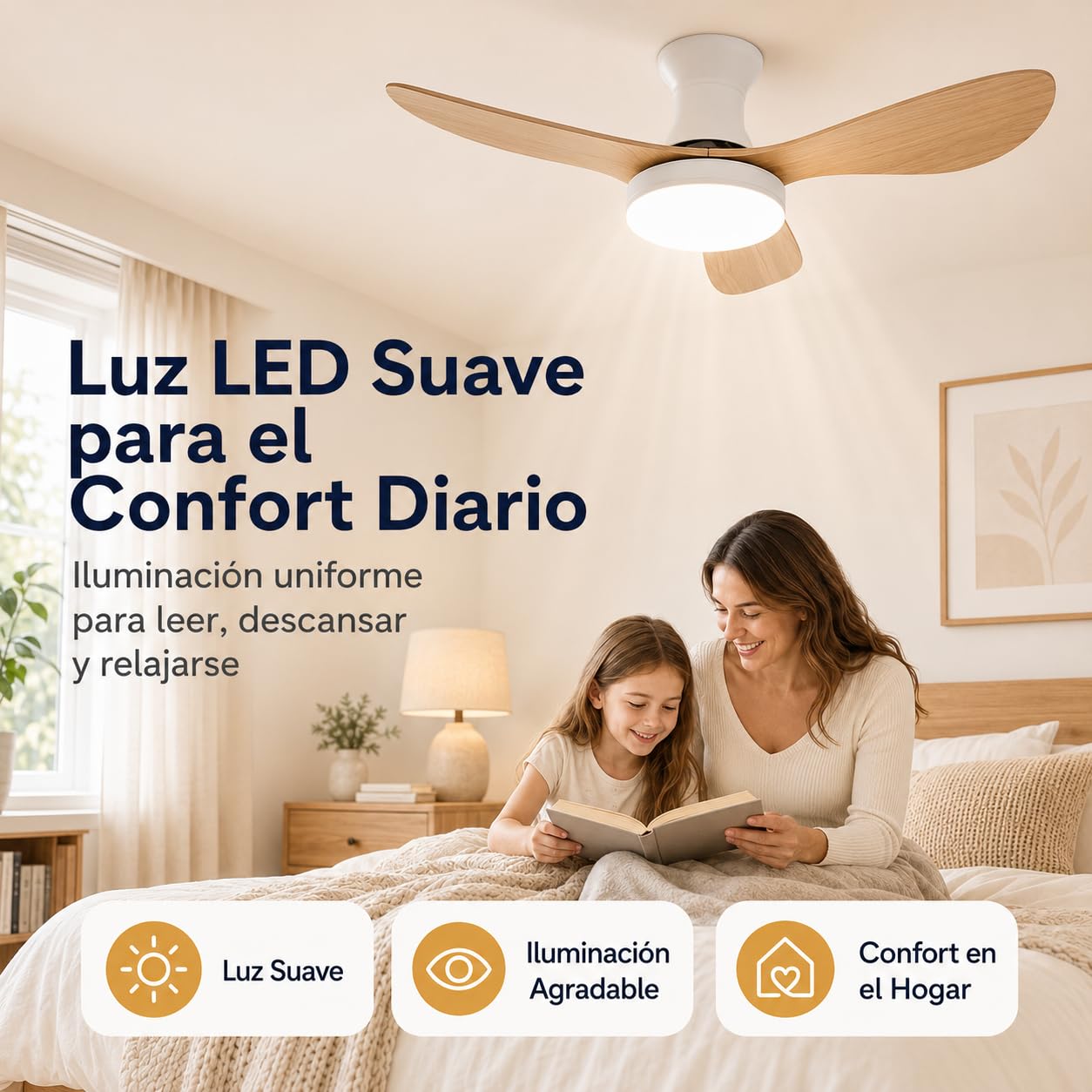 Genérico Ventilador de Techo Inteligente 63cm Madera con Luz Regulable, App/Mando, 3 Aspas Reversibles, Motor Silencioso Empotrado para Dormitorio, Bajo Consumo 220V (Blanco)