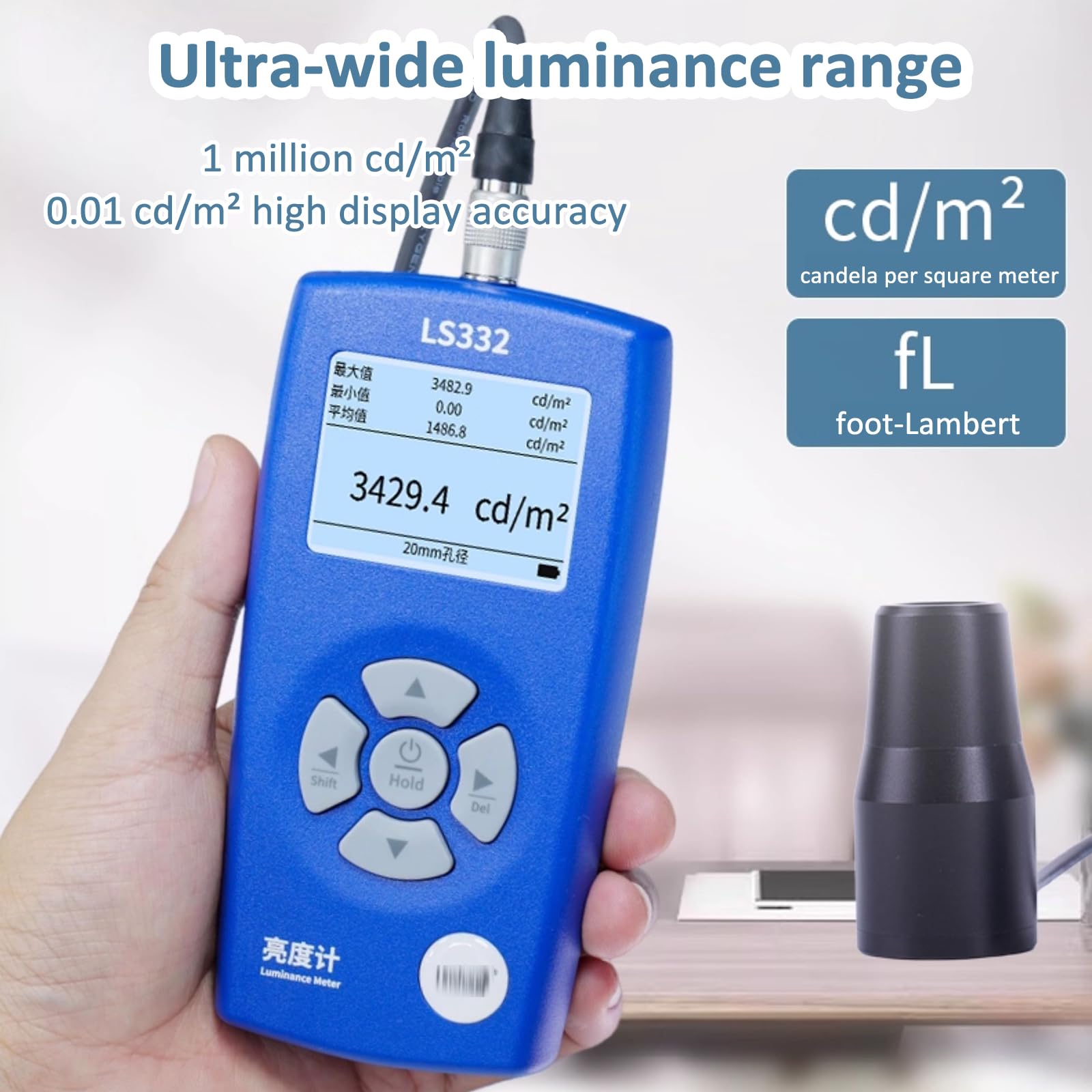 Medidor de luminancia digital con sondas para pantallas HDR, proyectores y análisis de espectro CRI de parpadeo