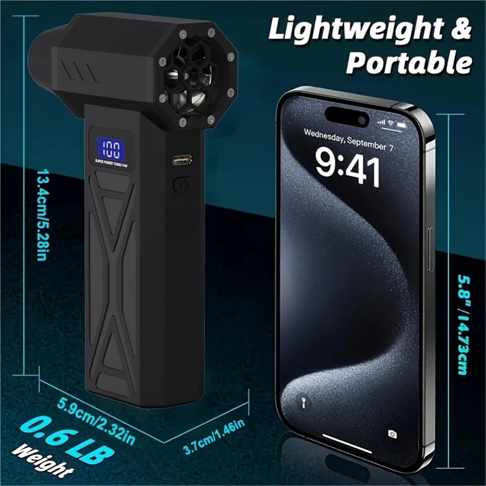 Ventilatore turbo ad alta potenza con display digitale - Ricarica rapida USB, motore brushless, asciugacapelli portatile da campeggio, dispositivo di raffreddamento tavolo