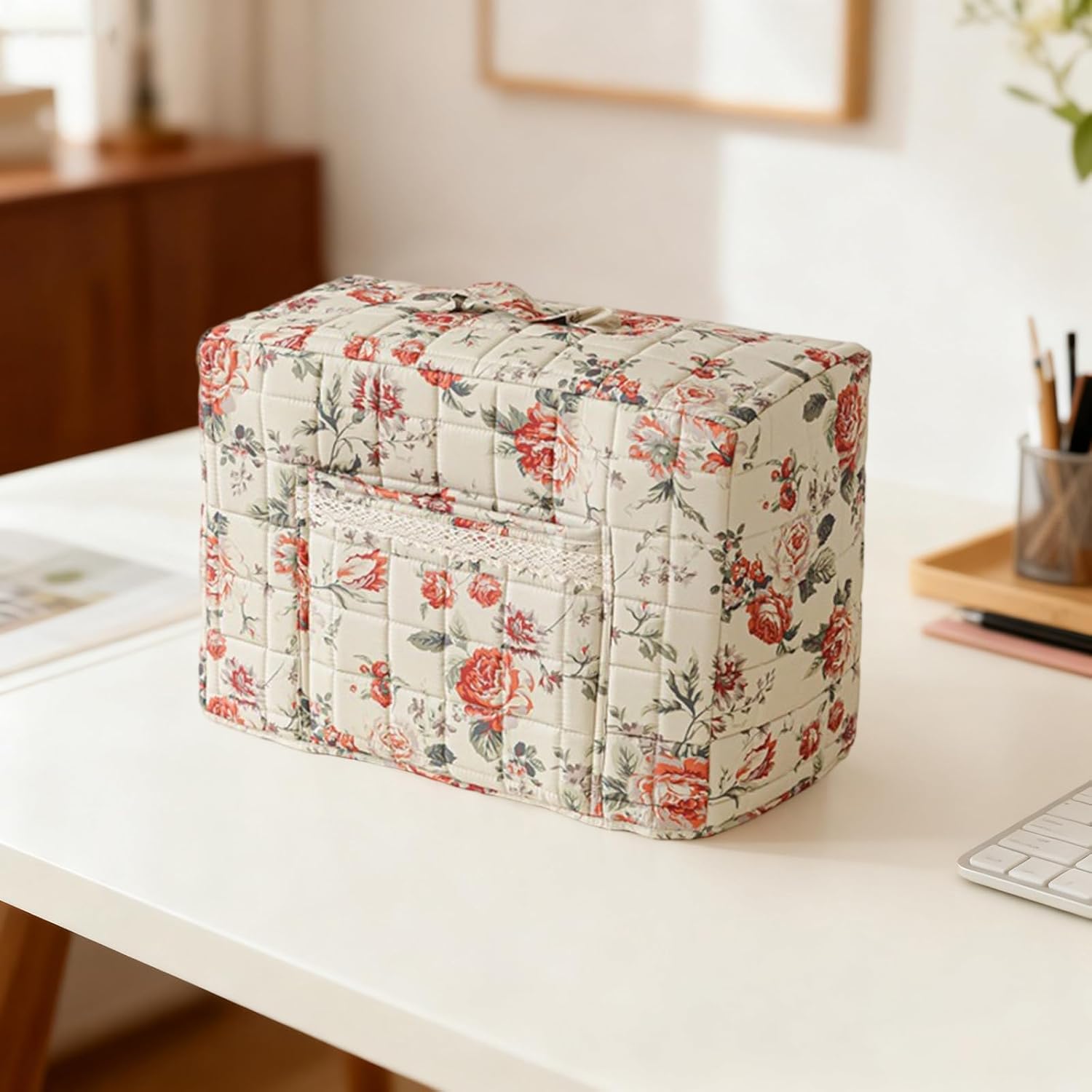 Boho Floral Sewing Machine Cover Quilted Fabric Dust Cover with Pockets for Most Standard Sewing Machines and Accessories (Light Yellow, 43cm)