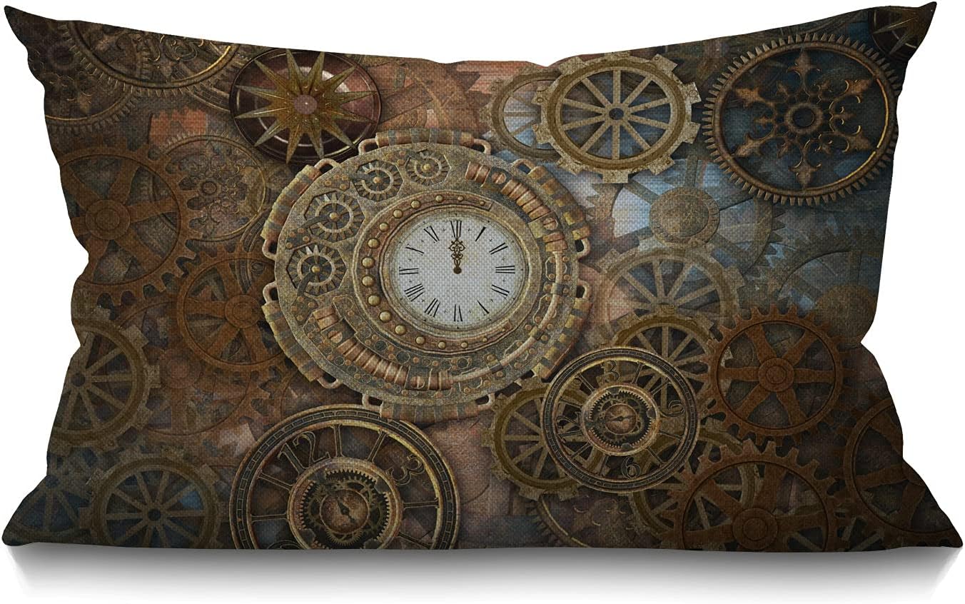 Smooffly Steampunk Throw Pillow Cover Rusty Steampunk with Clock and Different Gears Metal Machine Gold Bronze Decorative Pillow Case Home Decor 20x12 Inches Pillowcase