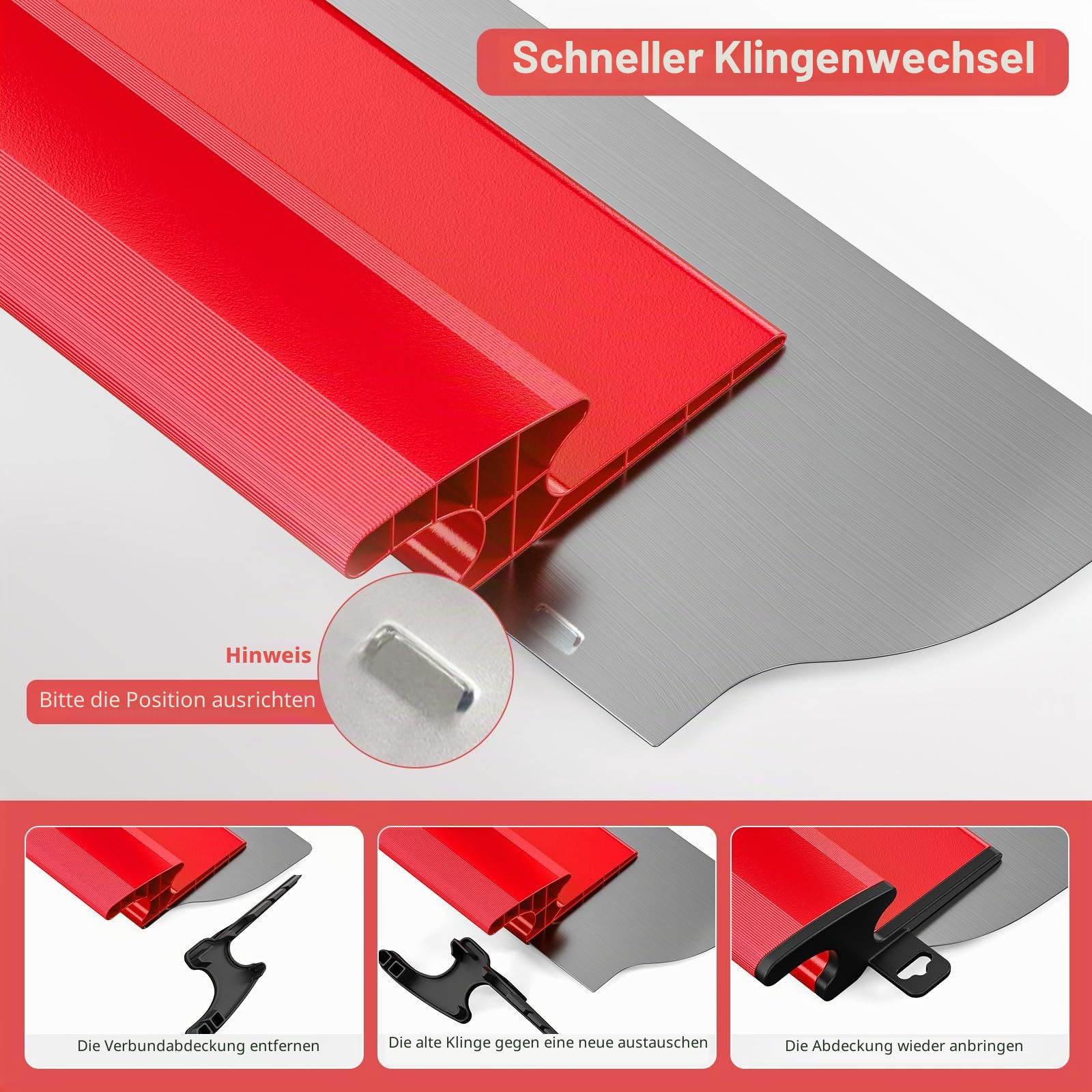 Flächenspachtel Set - Spachtel 25cm, 60cm und 80cm + Verlängerungsgriff 76cm bis 160cm, Baumesser aus Edelstahl (Rotes Set)