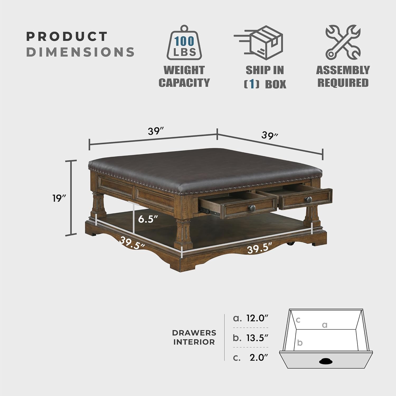 Lexicon 39 Inch Wood Coffee Table with 4 Drawers, Lower Open Shelf, Casters, Square Ottoman Coffee Table, Faux Leather Cocktail Ottoman, Nailhead Trim, Footrest for Living Room, Easy Assembly, Brown