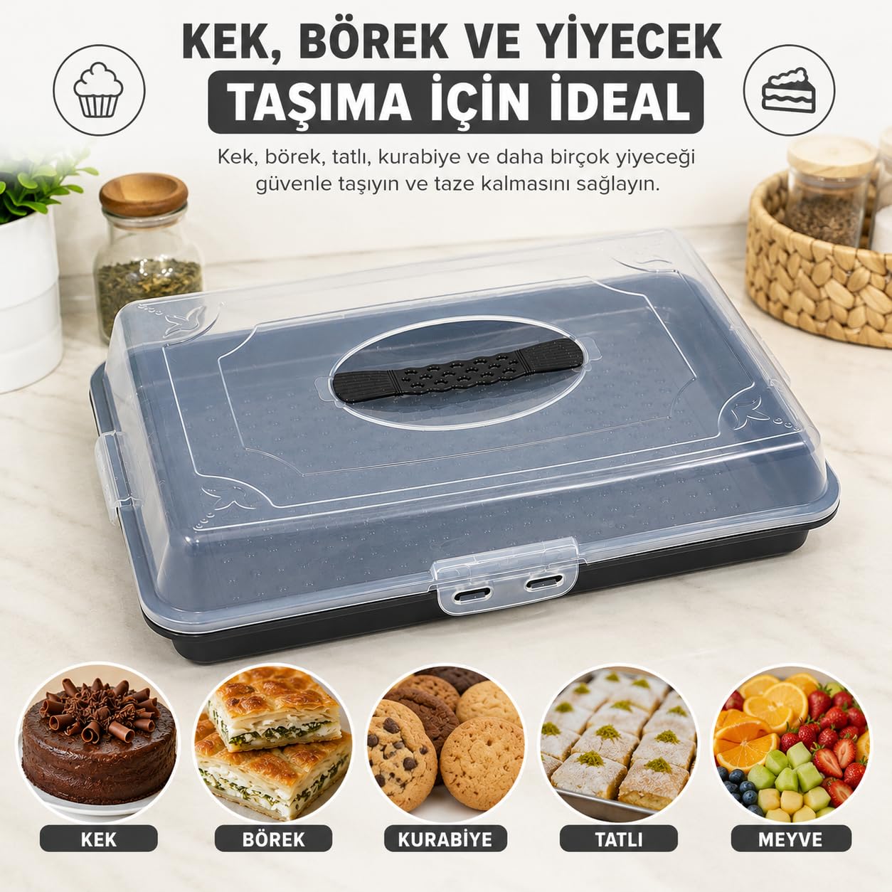Borcam Taşıma Kabı, Şeffaf Kapaklı, Kilitli, 43x30x10 cm, Kek, Börek ve Pasta Taşımaya Uygun