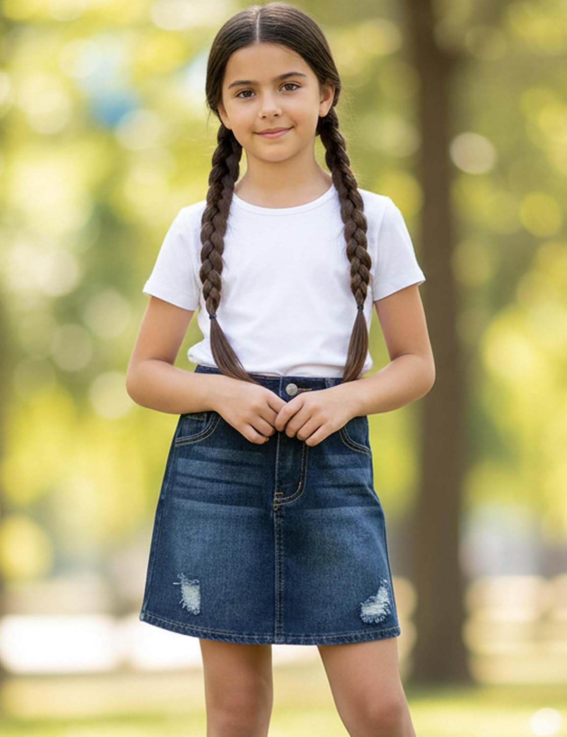 Girls' Denim Skirt Elastic Waist A-Line Knee Length Ripped Casual Jean Skirts with Pockets 4-13Y